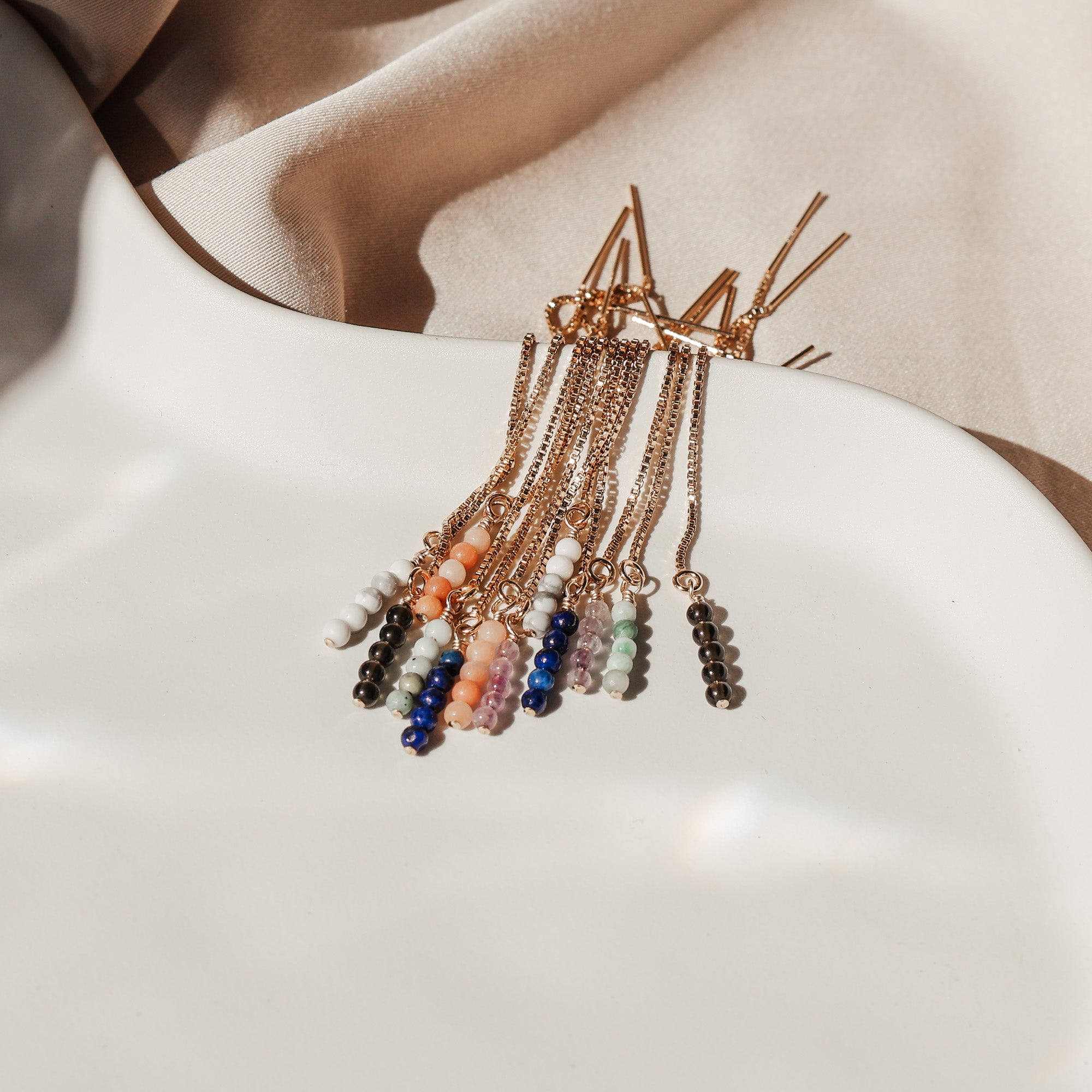 Personalised jewellery - KBN Jewellery - handmade jewellery – Personalised Jewellery gifts – Australian Made – gemstone necklace – blue lapis thread through earrings – green jade lapis thread through earrings – amethyst lapis thread through earrings – black obsidian lapis thread through earrings – peach aventurine lapis thread through earrings – white howlite lapis thread through earrings – gemstone stack lapis thread through earrings – thread through gemstone earrings