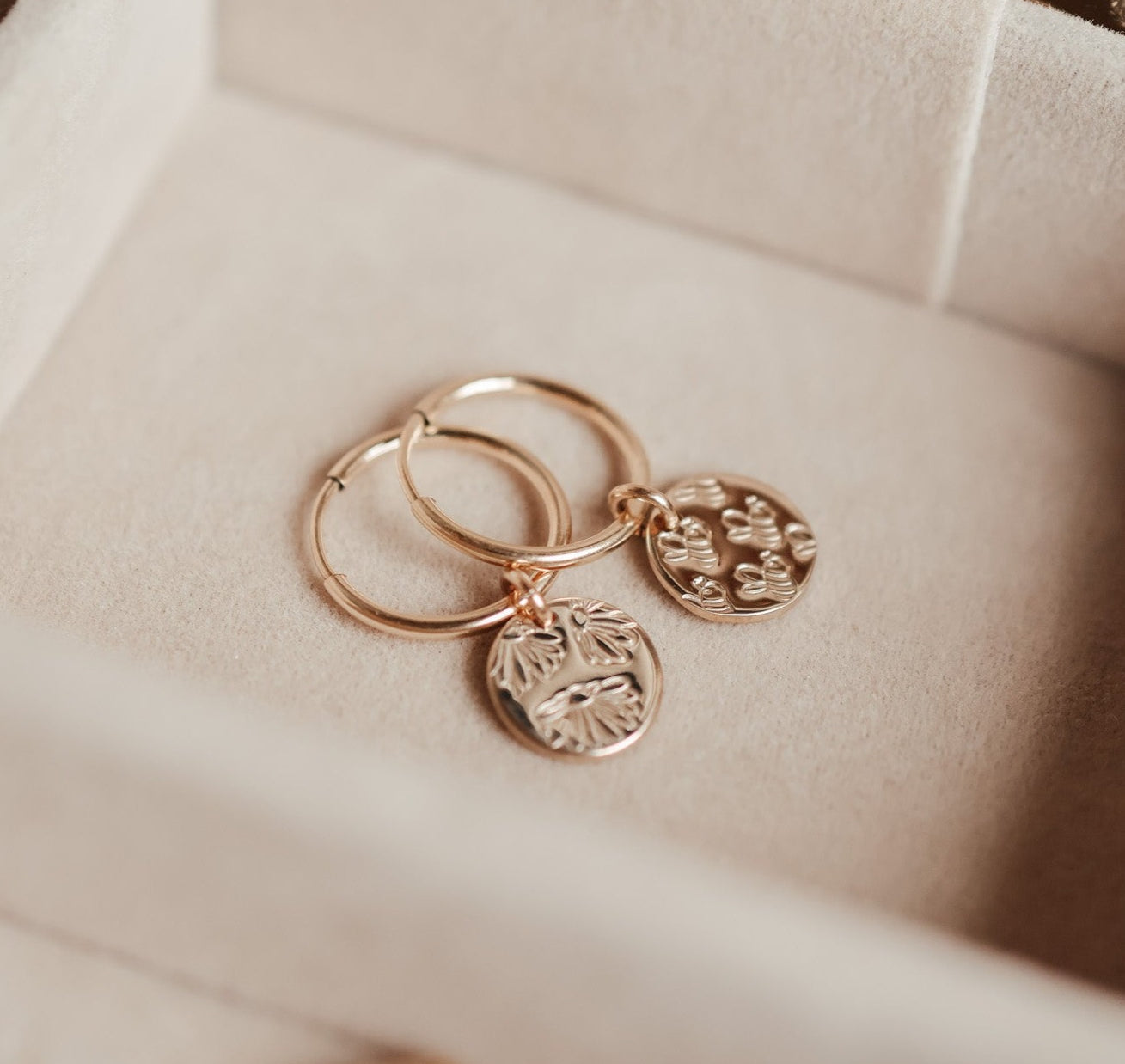 Personalised jewellery - KBN Jewellery - handmade jewellery – Personalised Jewellery gifts – personalised earrings – symbol earrings – simple hoops – kid friendly earrings – personalised hoop earrings – flower earrings – birth flower jewellery – dainty earrings