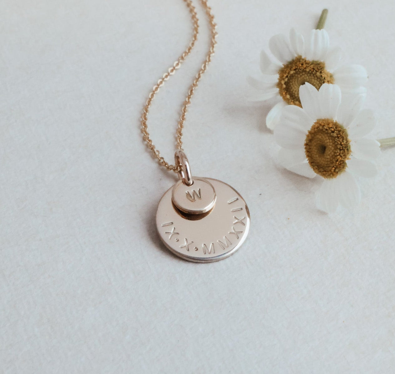 Personalised jewellery - KBN Jewellery - handmade jewellery – stacked pendant necklace – textured pendant – children’s name necklace – necklace for mum – birth flower symbol necklace – everyday necklace – perfect gift – small pendant stack – roman numeral pendant