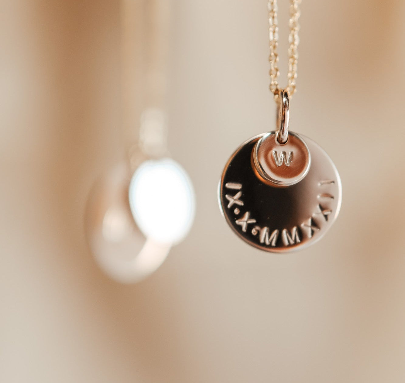 Personalised jewellery - KBN Jewellery - handmade jewellery – stacked pendant necklace – textured pendant – children’s name necklace – necklace for mum – birth flower symbol necklace – everyday necklace – perfect gift – small pendant stack – roman numeral pendant