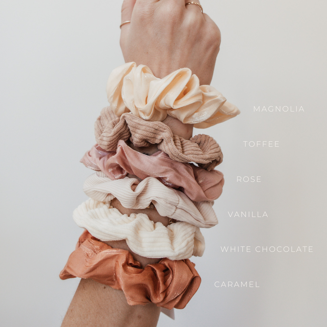 Personalised jewellery - KBN Jewellery - handmade jewellery – custom jewellery gifts – scrunchies – pink scrunchies -  tan scrunchies – burnt orange scrunchies