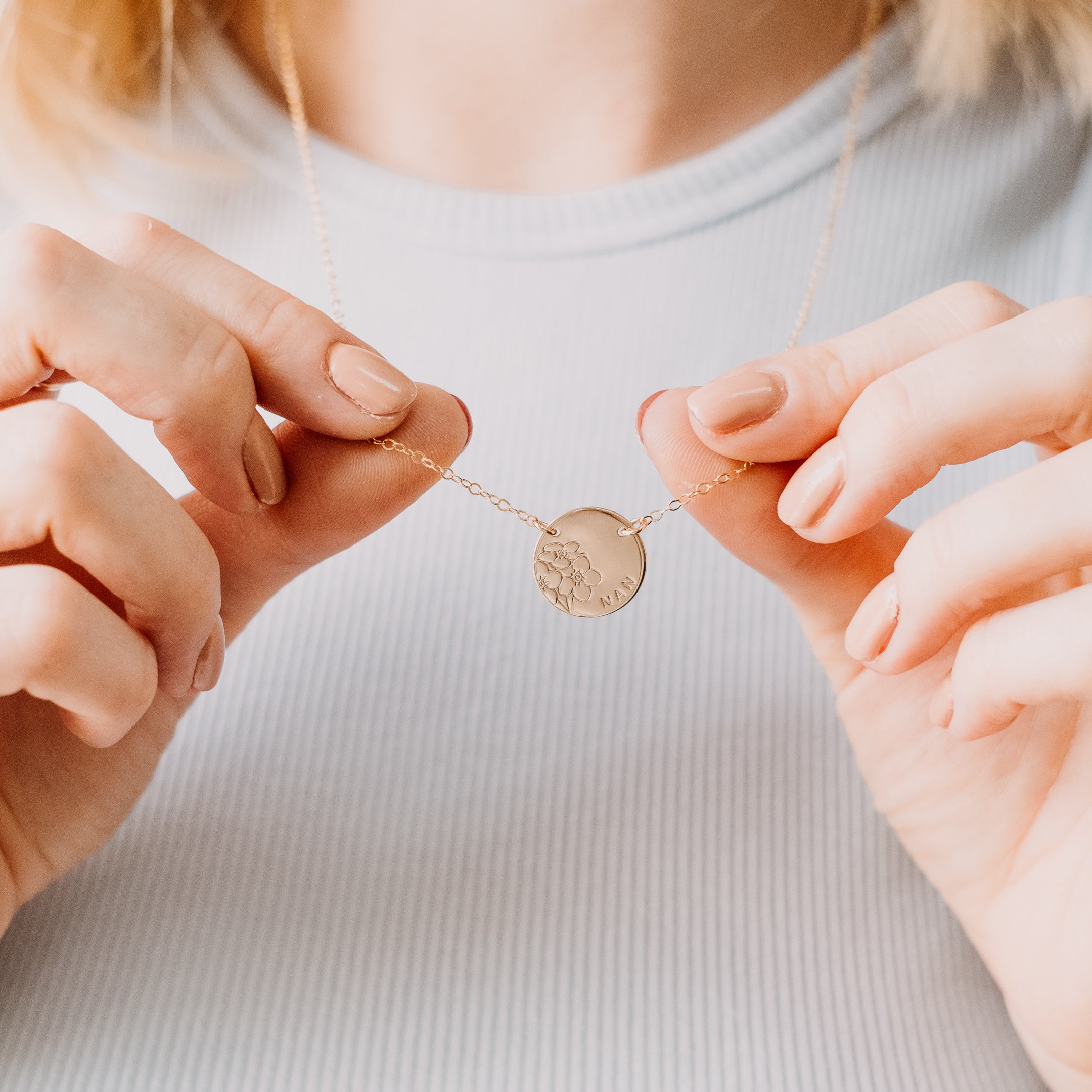 Personalised jewellery - KBN Jewellery - handmade jewellery – Personalised Jewellery gifts – Dainty jewellery – Australia made jewellery – forget me not flower – jewellery to remember passed away people – loss of a loved one necklace – jewellery to remember a loved one – necklace to remember a loved one – large pendant necklace – jewellery to remember passed away – remembrance necklace – double holed necklace