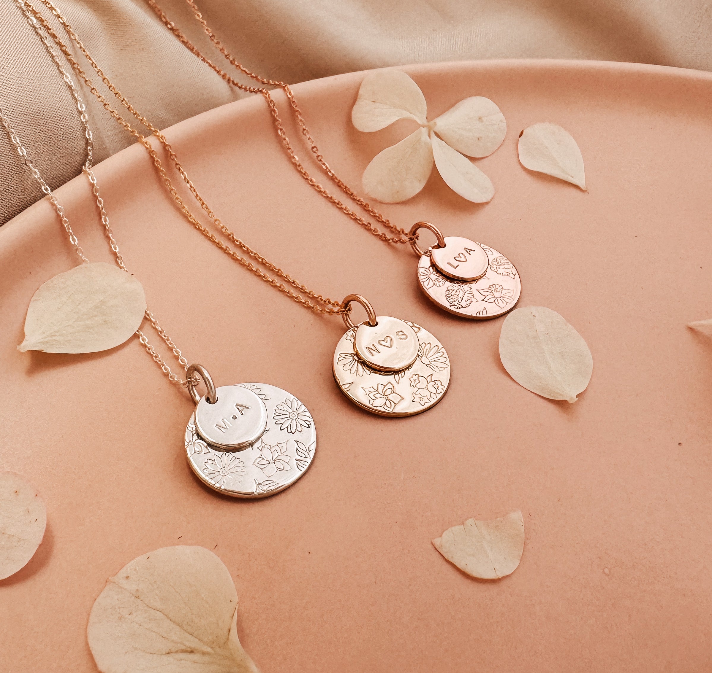Personalised jewellery - KBN Jewellery - handmade jewellery – Personalised Jewellery gifts – Dainty jewellery- Dainty necklace – flower stamp necklace – birth month flower jewellery – flower necklace – stacked necklace – initial necklace