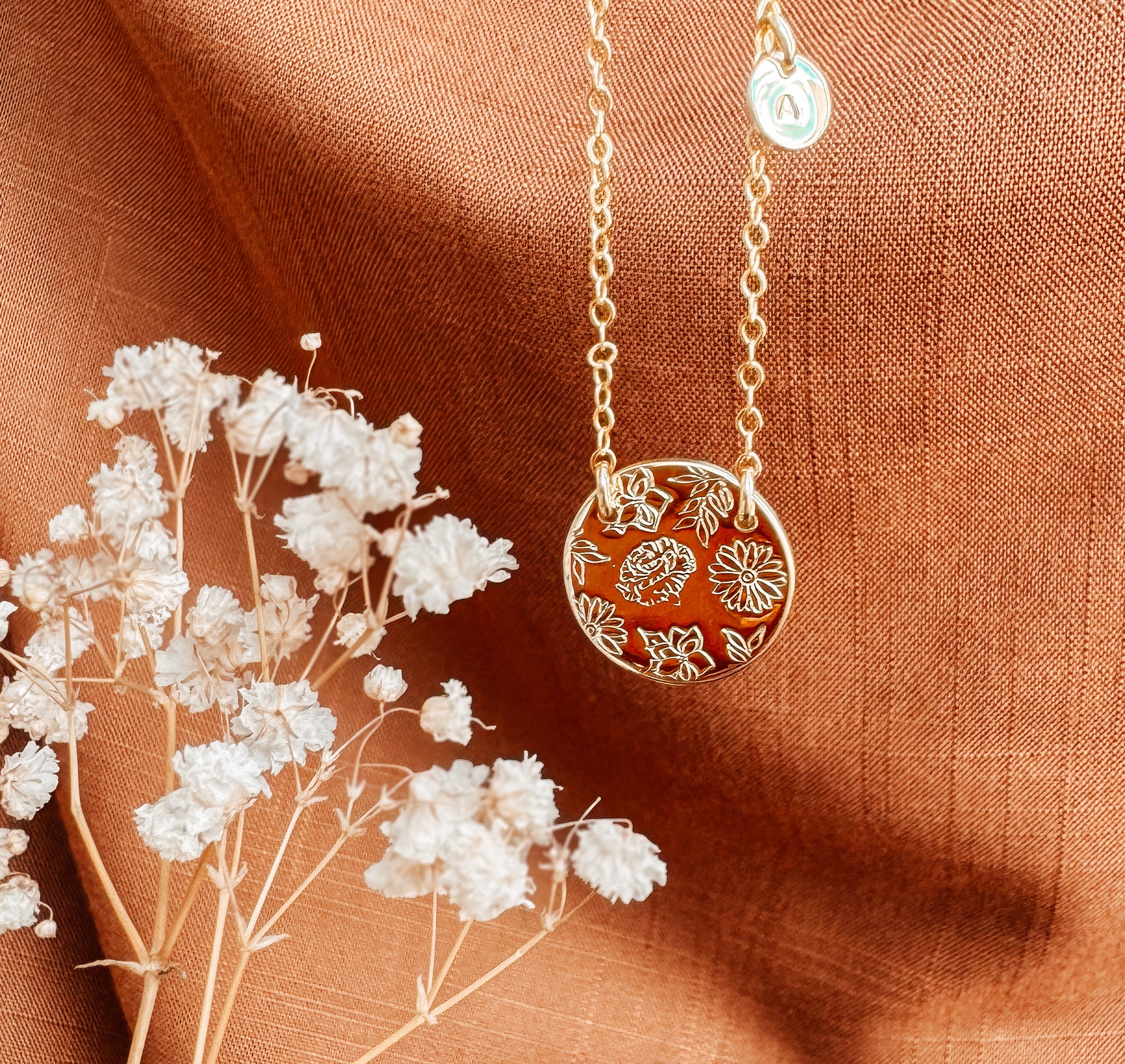 Personalised jewellery - KBN Jewellery - handmade jewellery – Personalised Jewellery gifts – Dainty jewellery- Dainty necklace – flower stamped necklace – family flowers – kids birth flowers – birth flower necklace – personalised flower stamped necklace – initial necklace - layering necklace - australia made