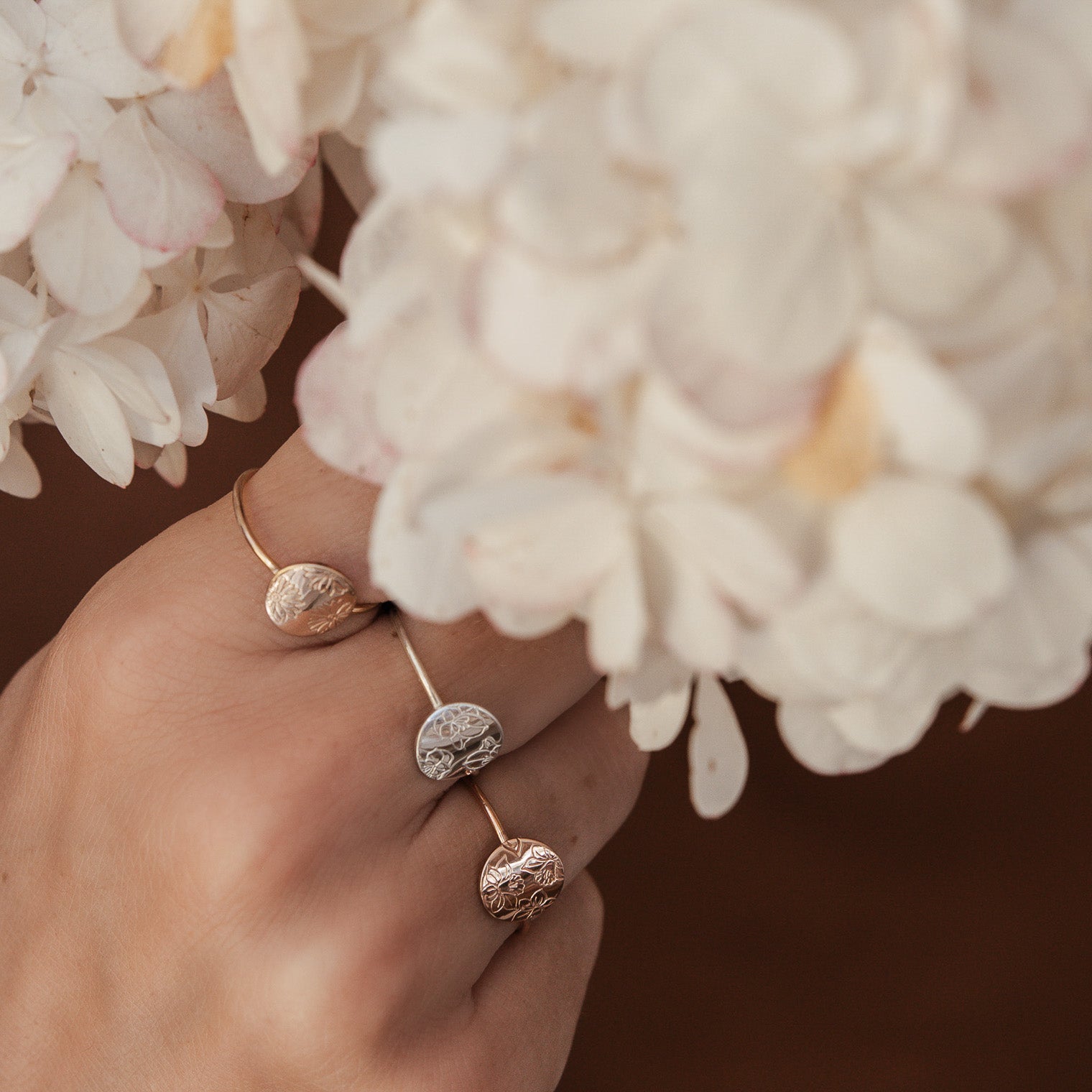 Personalised jewellery - KBN Jewellery - handmade jewellery – Personalised Jewellery gifts – Dainty jewellery- Dainty ring – flower stamped ring – family flowers – kids birth flowers – birth flower ring – personalised flower stamped ring – dainty ring – pendant ring – personalised ring