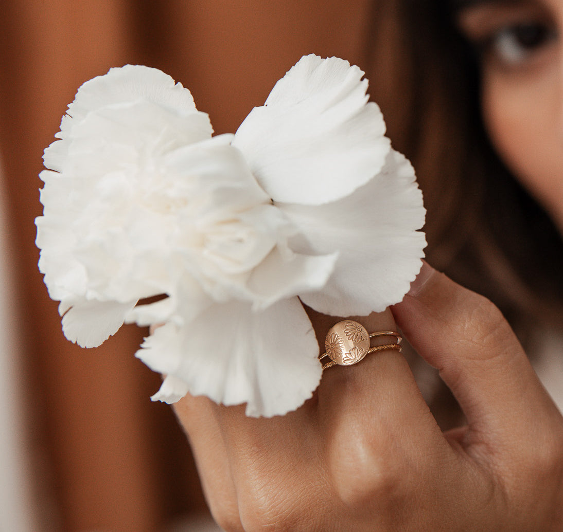 Personalised jewellery - KBN Jewellery - handmade jewellery – Personalised Jewellery gifts – Dainty jewellery- Dainty ring – flower stamped ring – family flowers – kids birth flowers – birth flower ring – personalised flower stamped ring – dainty ring – pendant ring – personalised ring