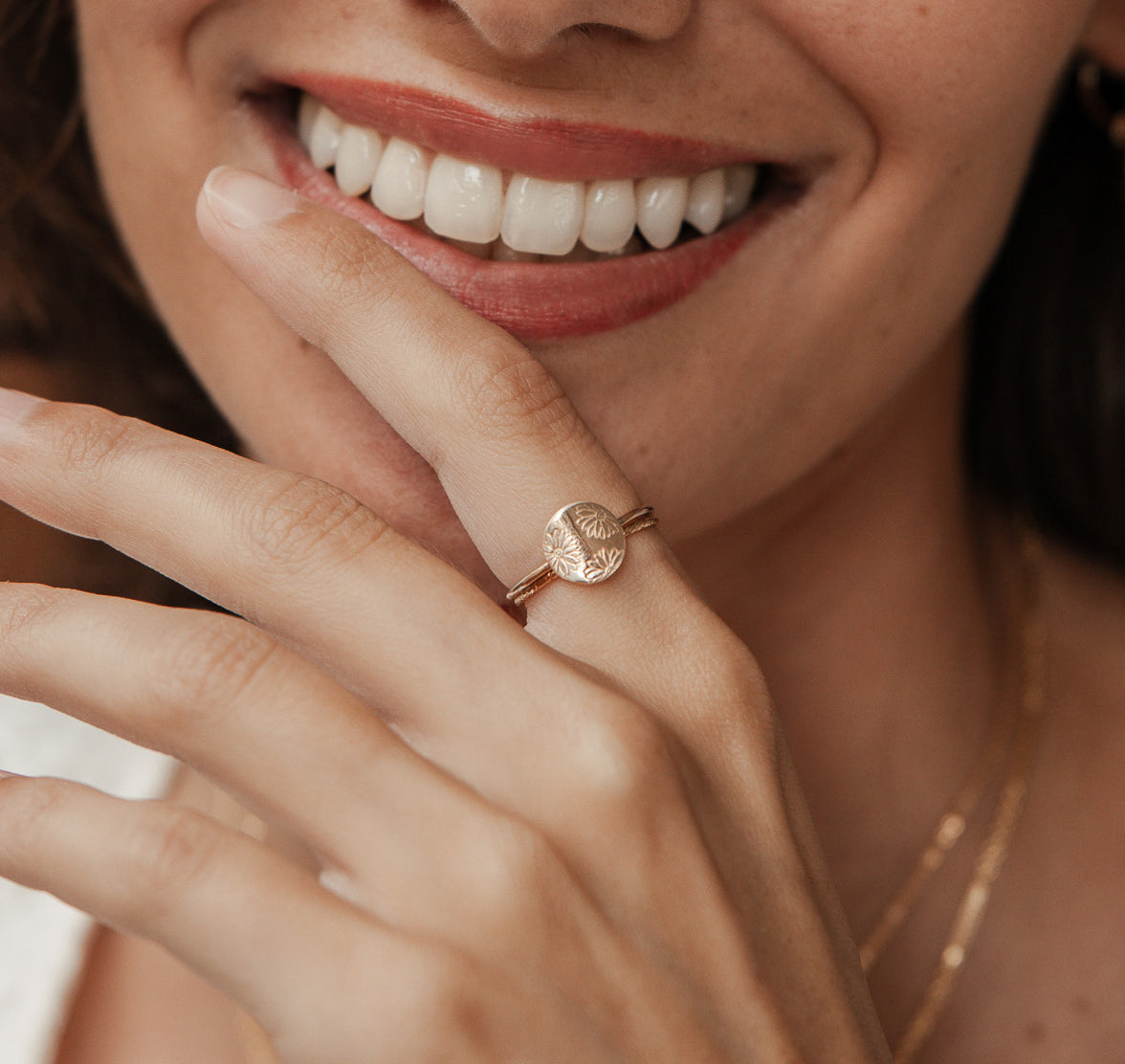 Personalised jewellery - KBN Jewellery - handmade jewellery – Personalised Jewellery gifts – Dainty jewellery- Dainty ring – flower stamped ring – family flowers – kids birth flowers – birth flower ring – personalised flower stamped ring – dainty ring – pendant ring – personalised ring