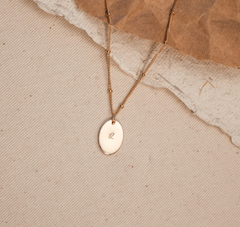 Personalised jewellery - KBN Jewellery - handmade jewellery – Personalised Jewellery gifts – Dainty jewellery- Dainty necklace - initial necklace – symbol necklace – bead chain – small oval pendant – children initial – oval pendant necklace – dainty chain necklace