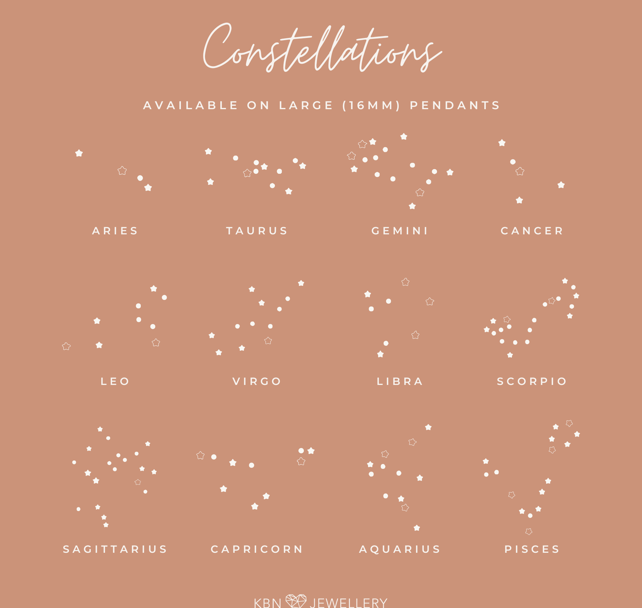 Personalised jewellery - KBN Jewellery - handmade jewellery – custom jewellery gifts – dainty necklace – star necklace – Aries necklace – taurus constellation necklace – Gemini constellation necklace – cancer constellation necklace – Leo constellation necklace – Virgo constellation necklace – libra constellation necklace – Scorpio constellation necklace – Sagittarius constellation necklace – Capricorn constellation necklace – Capricorn constellation necklace – Aquarius constellation necklace – Pisces