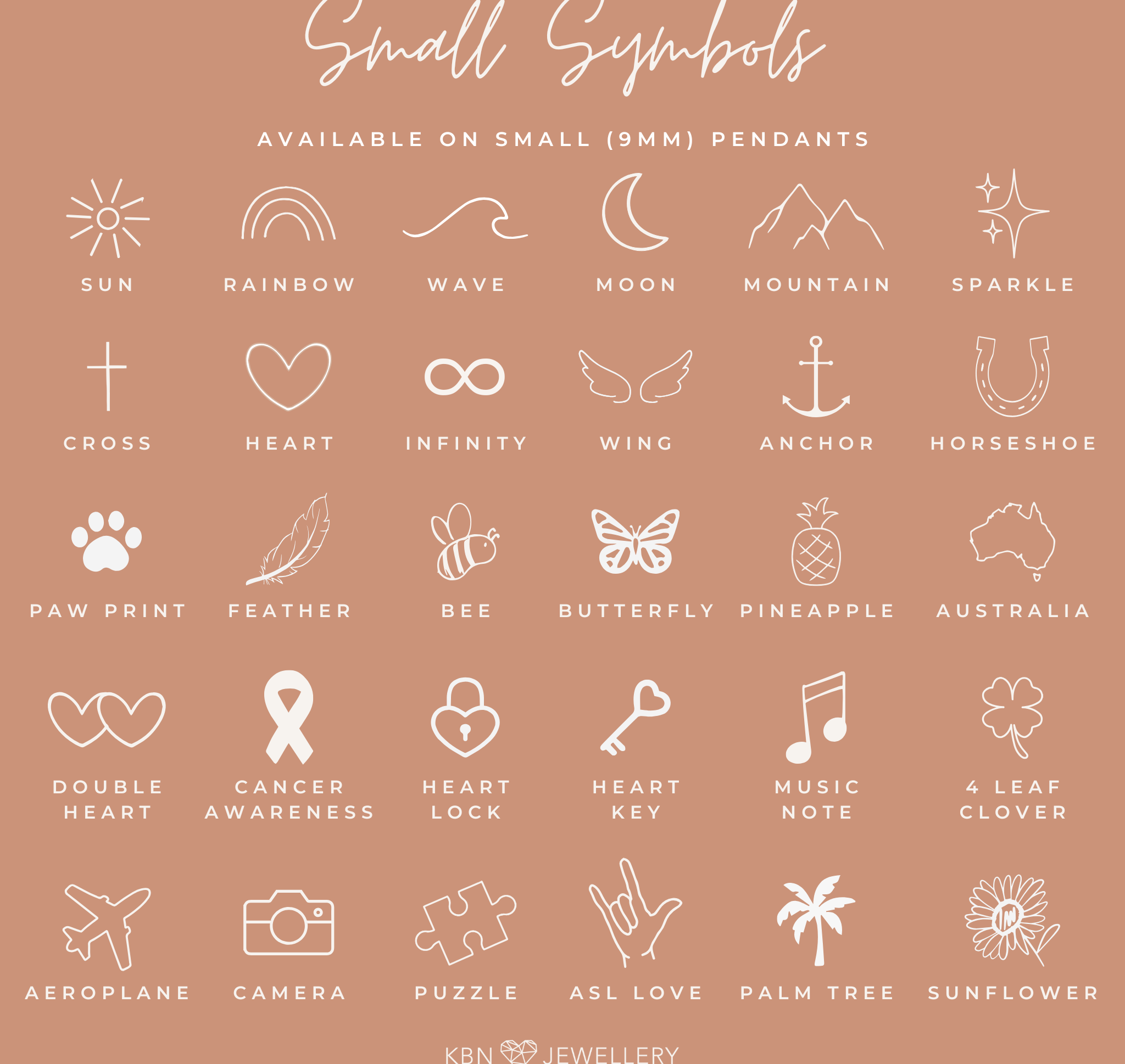 Personalised jewellery - KBN Jewellery - handmade jewellery – small symbols – flower necklace – wing necklace – heart necklace – sun necklace – rainbow necklace – star necklace – paw print necklace – dog necklace – butterfly necklace – wave necklace – shell necklace