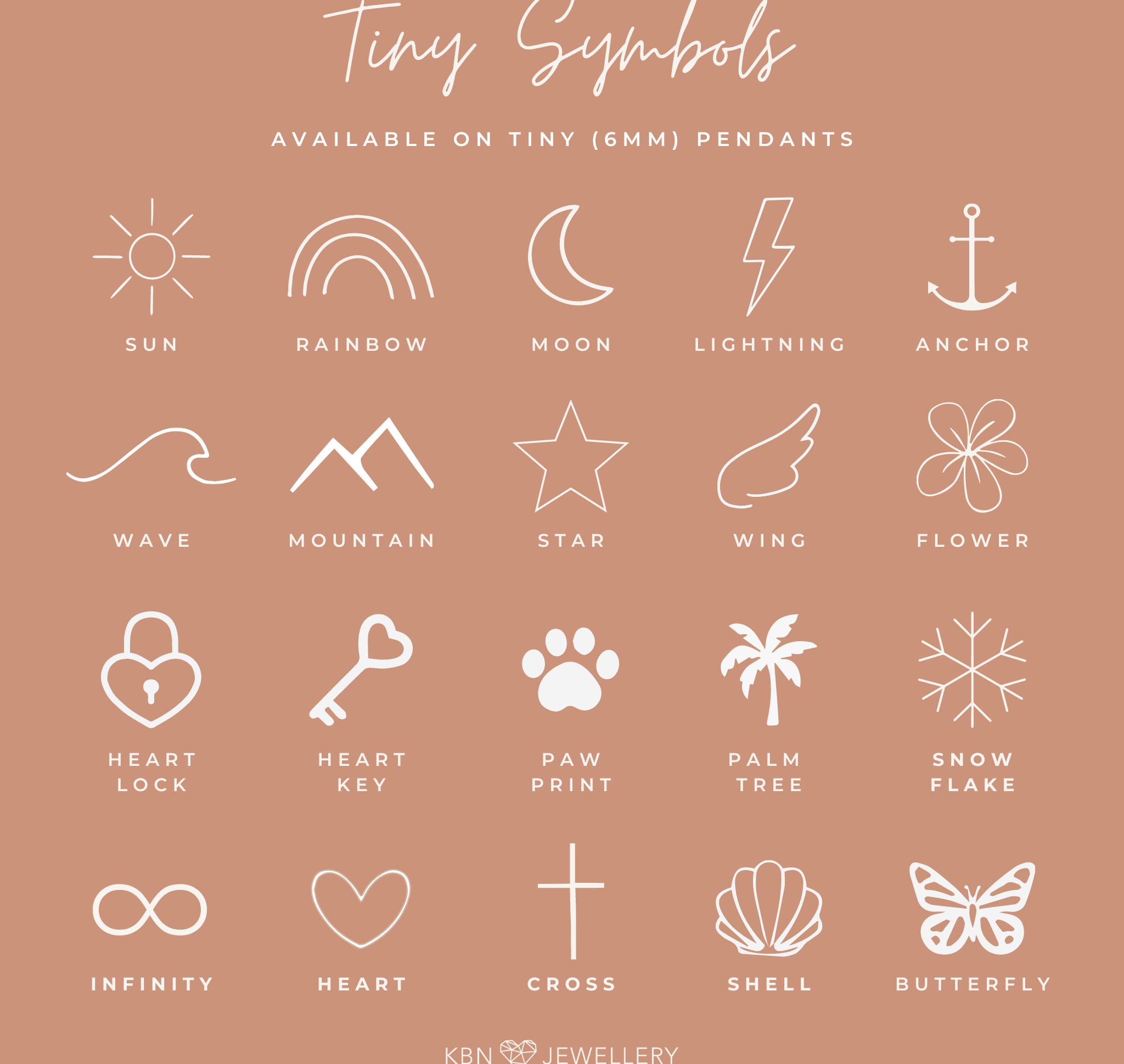 Personalised jewellery - KBN Jewellery - handmade jewellery – tiny symbols – flower necklace – wing necklace – heart necklace – sun necklace – rainbow necklace – star necklace – paw print necklace – dog necklace – butterfly necklace – wave necklace – shell necklace