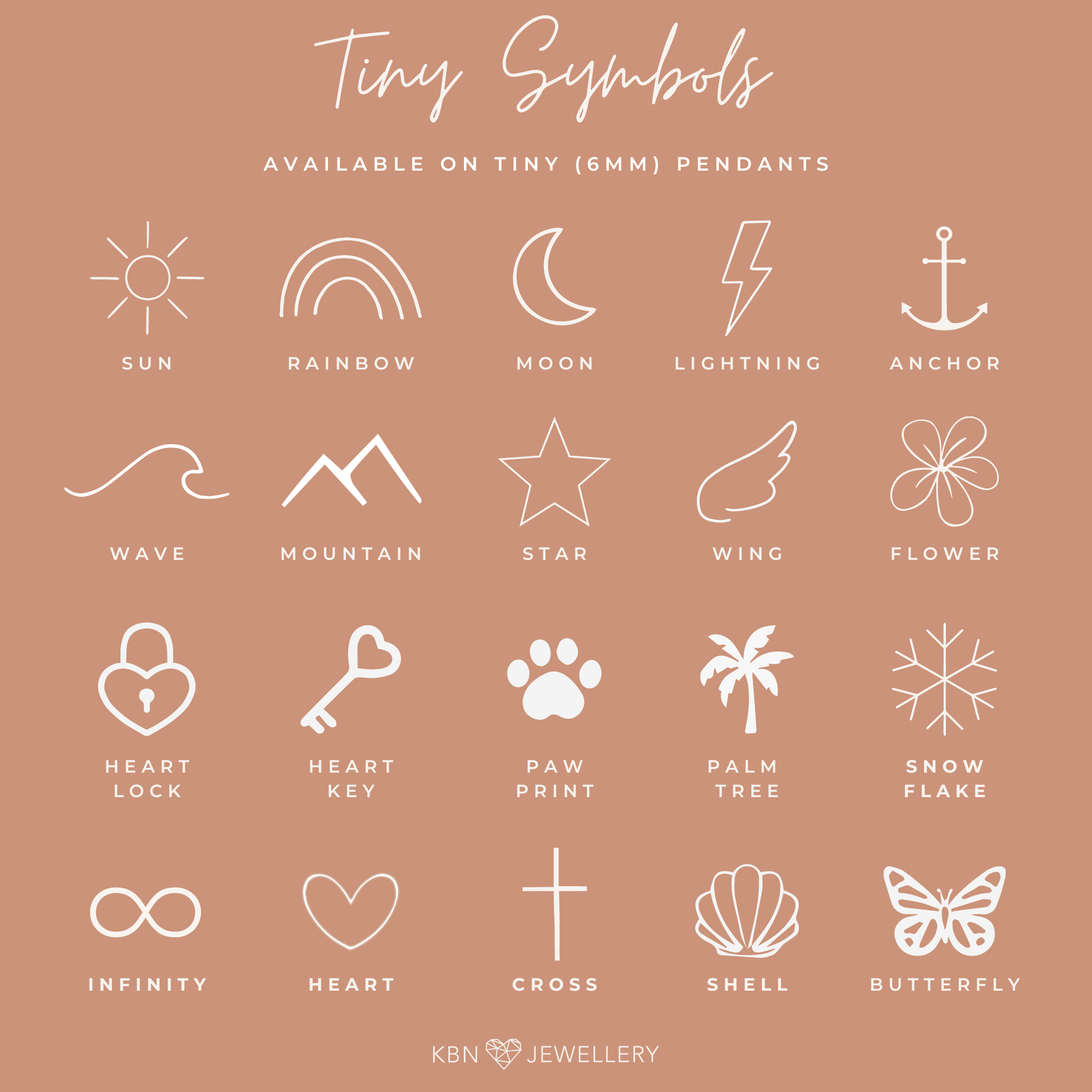 Personalised jewellery - KBN Jewellery -  handmade jewellery – tiny symbols – flower necklace – wing necklace – heart necklace – sun necklace – rainbow necklace – star necklace – paw print necklace – dog necklace – butterfly necklace – wave necklace – shell necklace