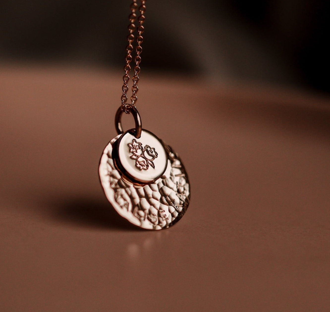 Personalised jewellery - KBN Jewellery - handmade jewellery – stacked pendant necklace – textured pendant – children’s name necklace – necklace for mum – birth flower symbol necklace – everyday necklace – perfect gift