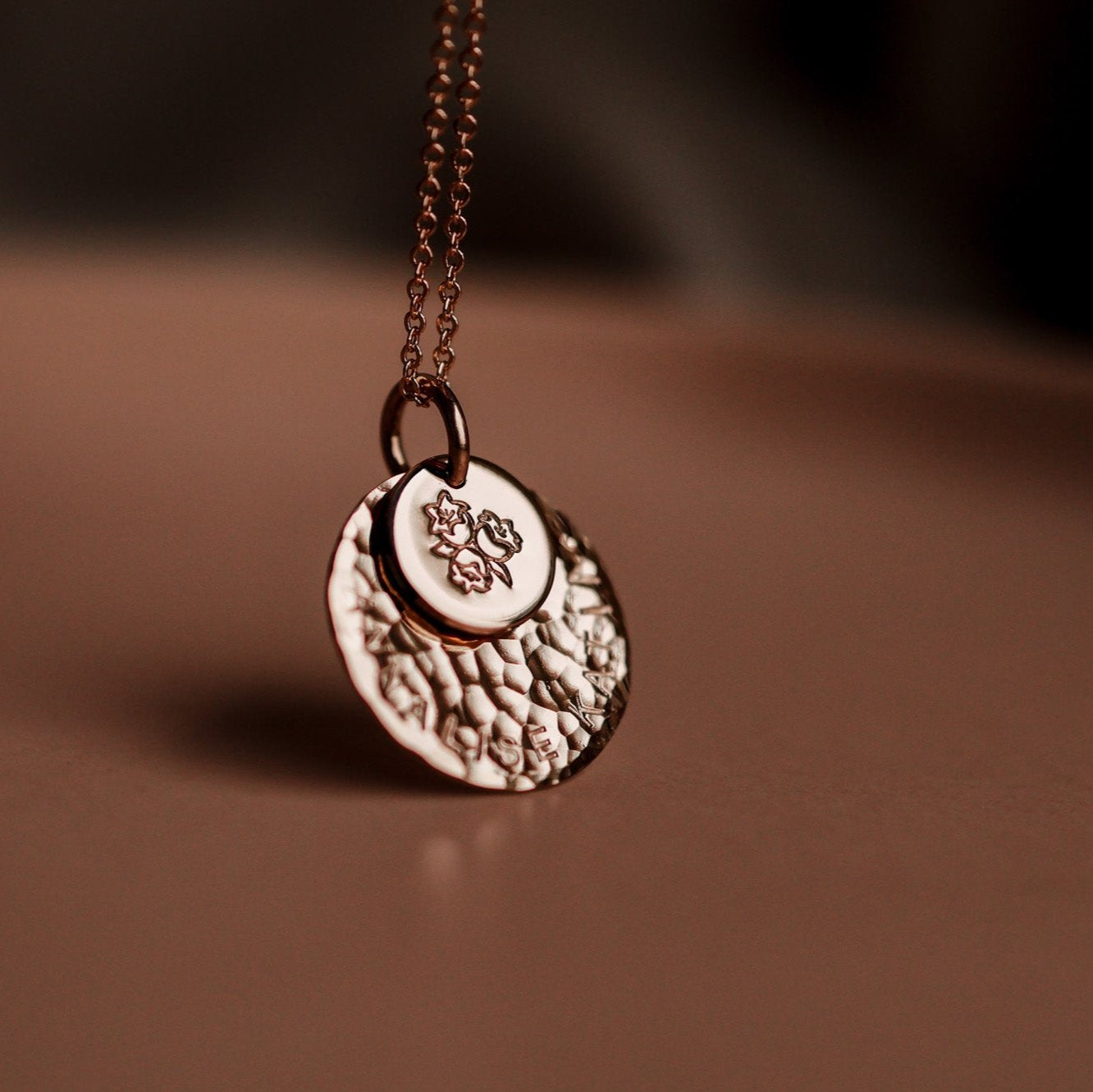 Personalised jewellery - KBN Jewellery - handmade jewellery – stacked pendant necklace – textured pendant – children’s name necklace – necklace for mum – birth flower symbol necklace – everyday necklace – perfect gift