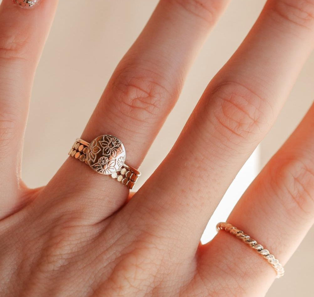 Personalised jewellery - KBN Jewellery - handmade jewellery – Personalised Jewellery gifts – Dainty jewellery- Dainty ring – flower stamped ring – family flowers – kids birth flowers – birth flower ring – personalised flower stamped ring – dainty ring – pendant ring – personalised ring