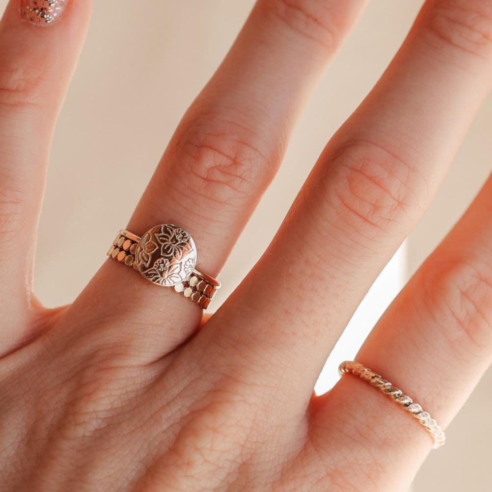 Personalised jewellery - KBN Jewellery - handmade jewellery – Personalised Jewellery gifts – Dainty jewellery- Dainty ring – flower stamped ring – family flowers – kids birth flowers – birth flower ring – personalised flower stamped ring – dainty ring – pendant ring – personalised ring