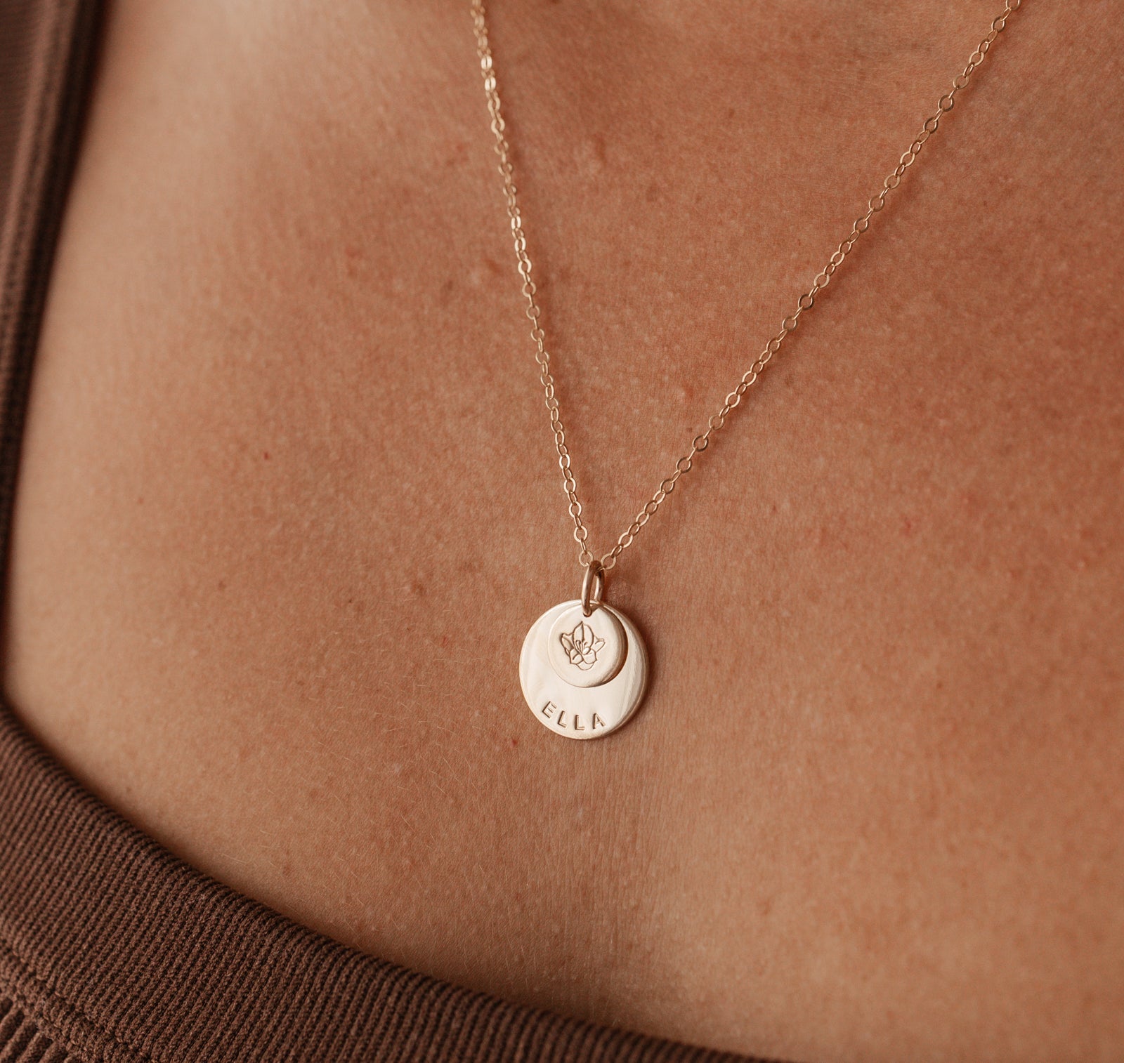 Personalised jewellery - KBN Jewellery - handmade jewellery – stacked pendant necklace – textured pendant – children’s name necklace – necklace for mum – birth flower symbol necklace – everyday necklace – perfect gift