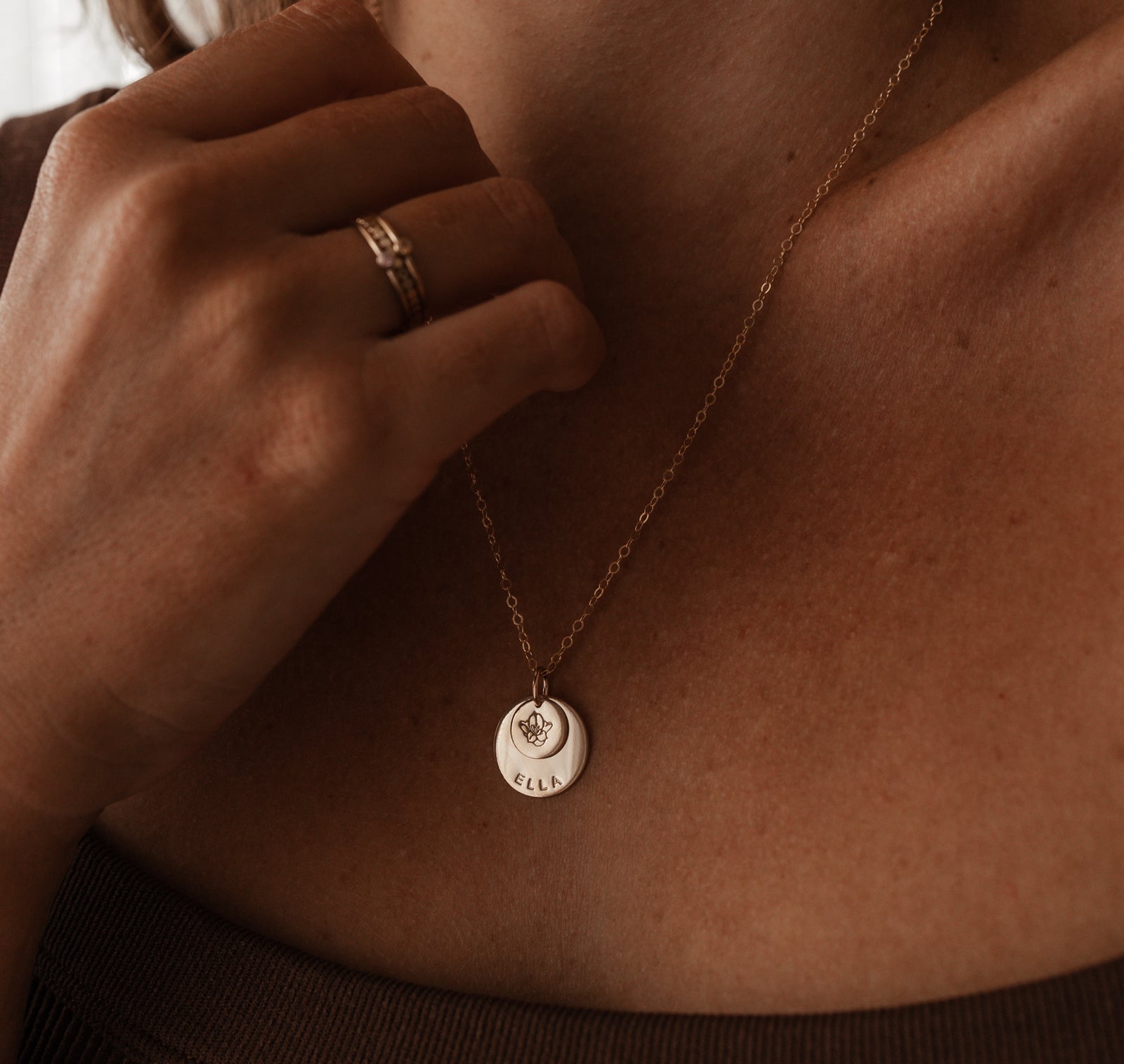 Personalised jewellery - KBN Jewellery - handmade jewellery – stacked pendant necklace – textured pendant – children’s name necklace – necklace for mum – birth flower symbol necklace – everyday necklace – perfect gift