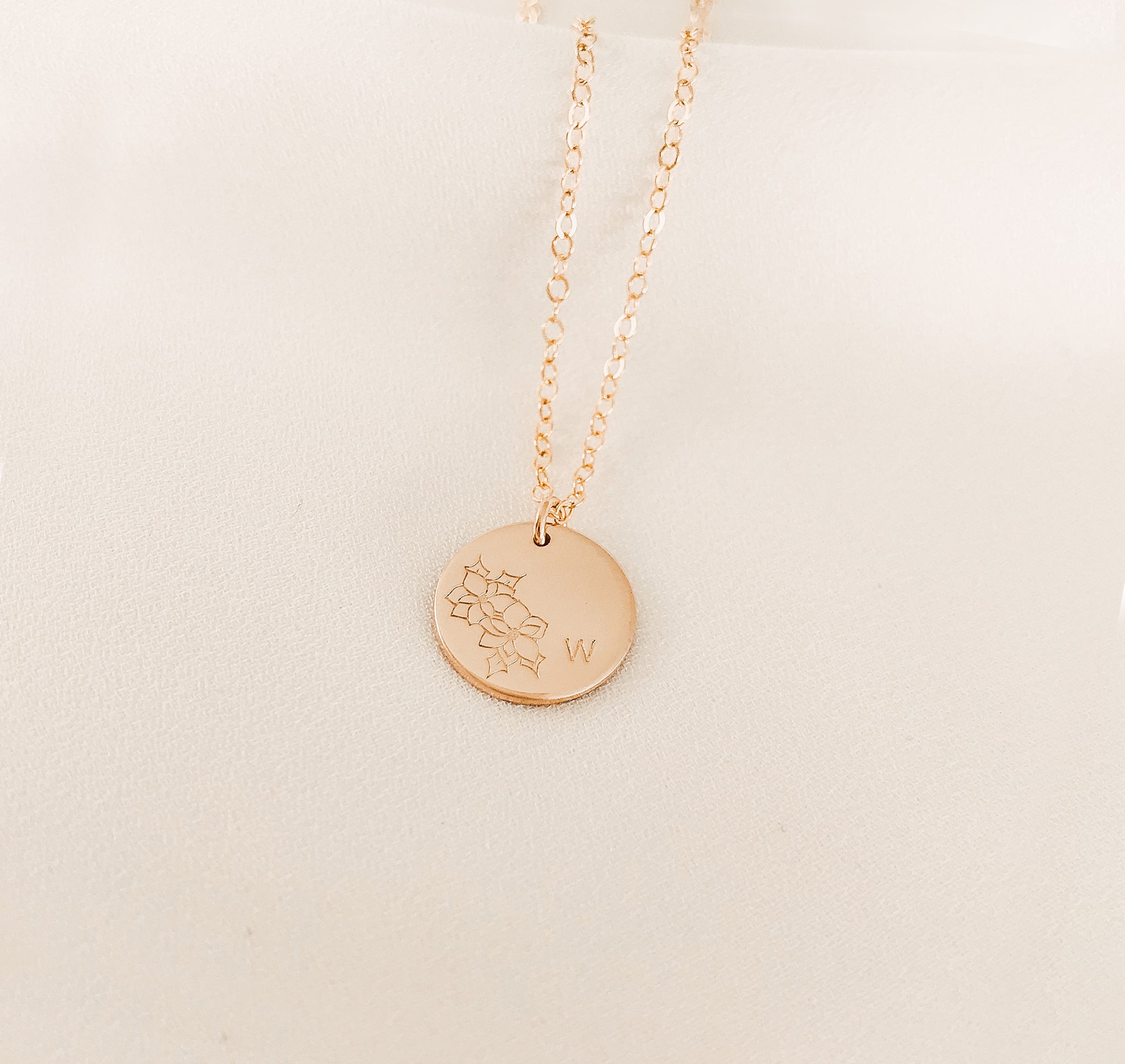 Personalised jewellery – handmade jewellery – KBN jewellery – Australian made jewellery – initial necklace – birth flower necklace – single pendant necklace with flower – birth flower necklace custom – custom birth month necklace – December flower necklace – success necklace