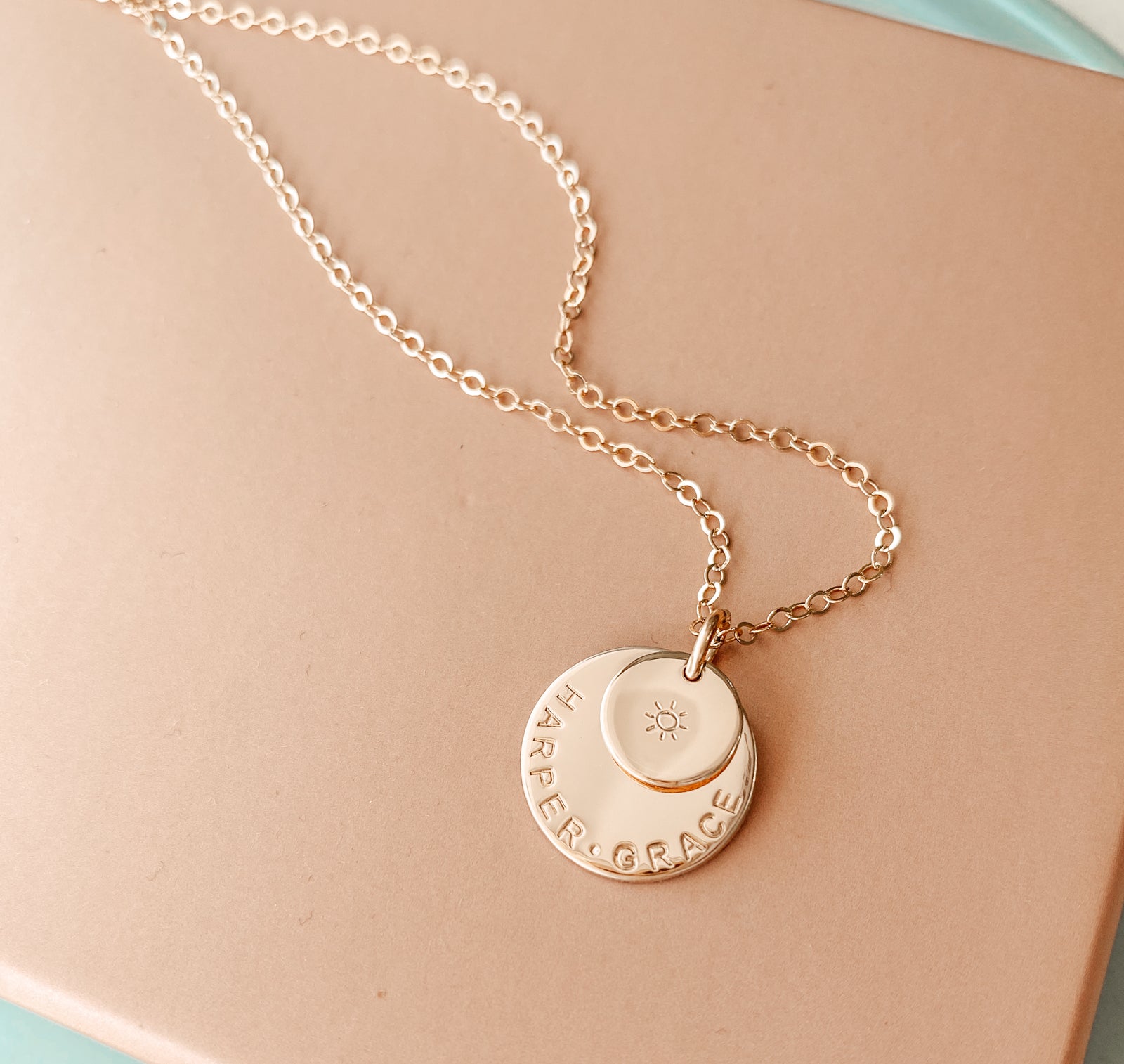 Personalised jewellery - KBN Jewellery - handmade jewellery – stacked pendant necklace – textured pendant – children’s name necklace – necklace for mum – birth flower symbol necklace – everyday necklace – perfect gift - Soren Necklace