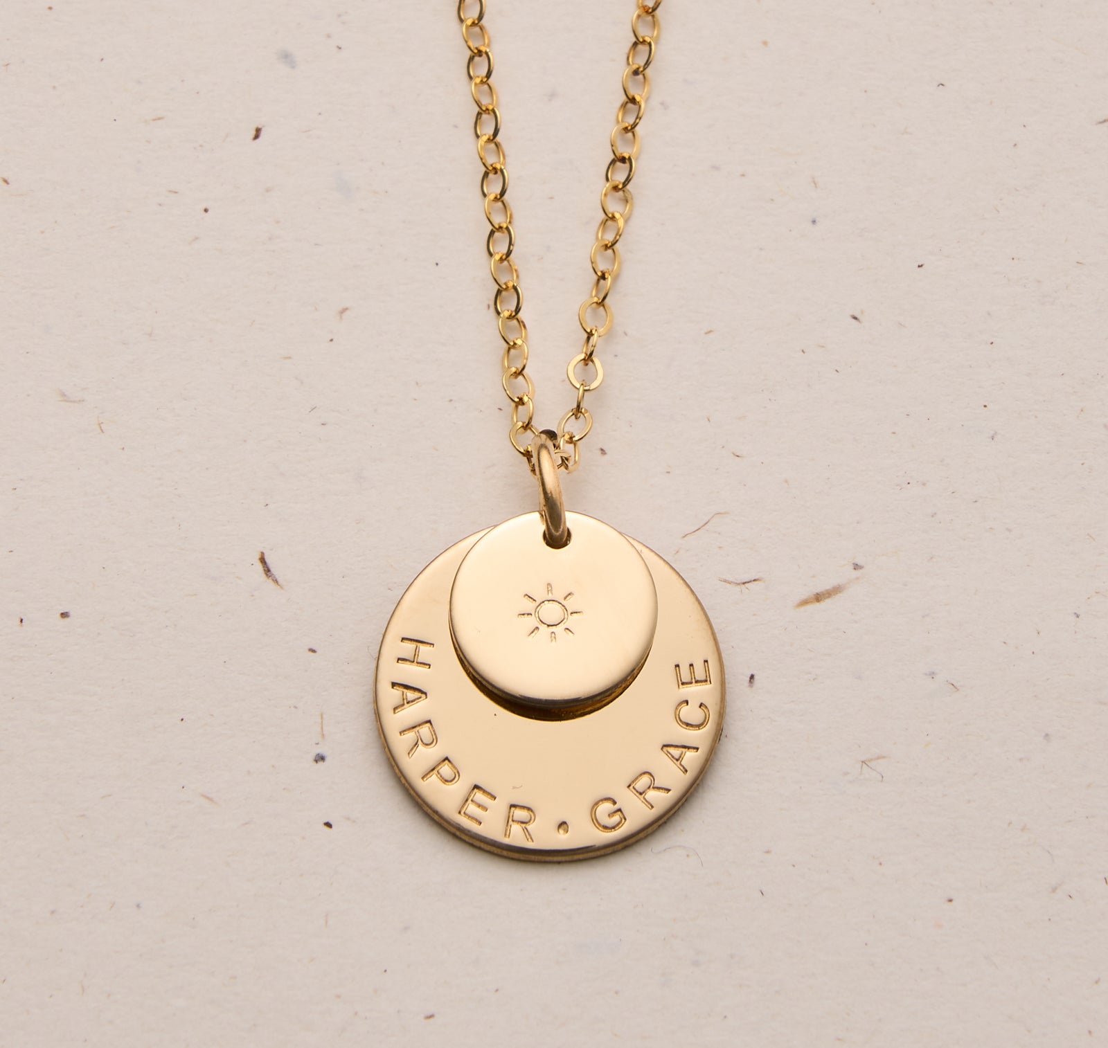 Personalised jewellery - KBN Jewellery - handmade jewellery – stacked pendant necklace – textured pendant – children’s name necklace – necklace for mum – birth flower symbol necklace – everyday necklace – perfect gift