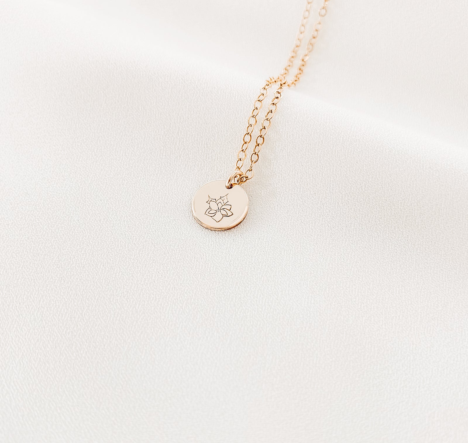 Personalised jewellery – handmade jewellery – KBN jewellery – Australian made jewellery – initial necklace – birth flower necklace – single pendant necklace with flower – birth flower necklace custom – custom birth month necklace – December flower necklace – success necklace