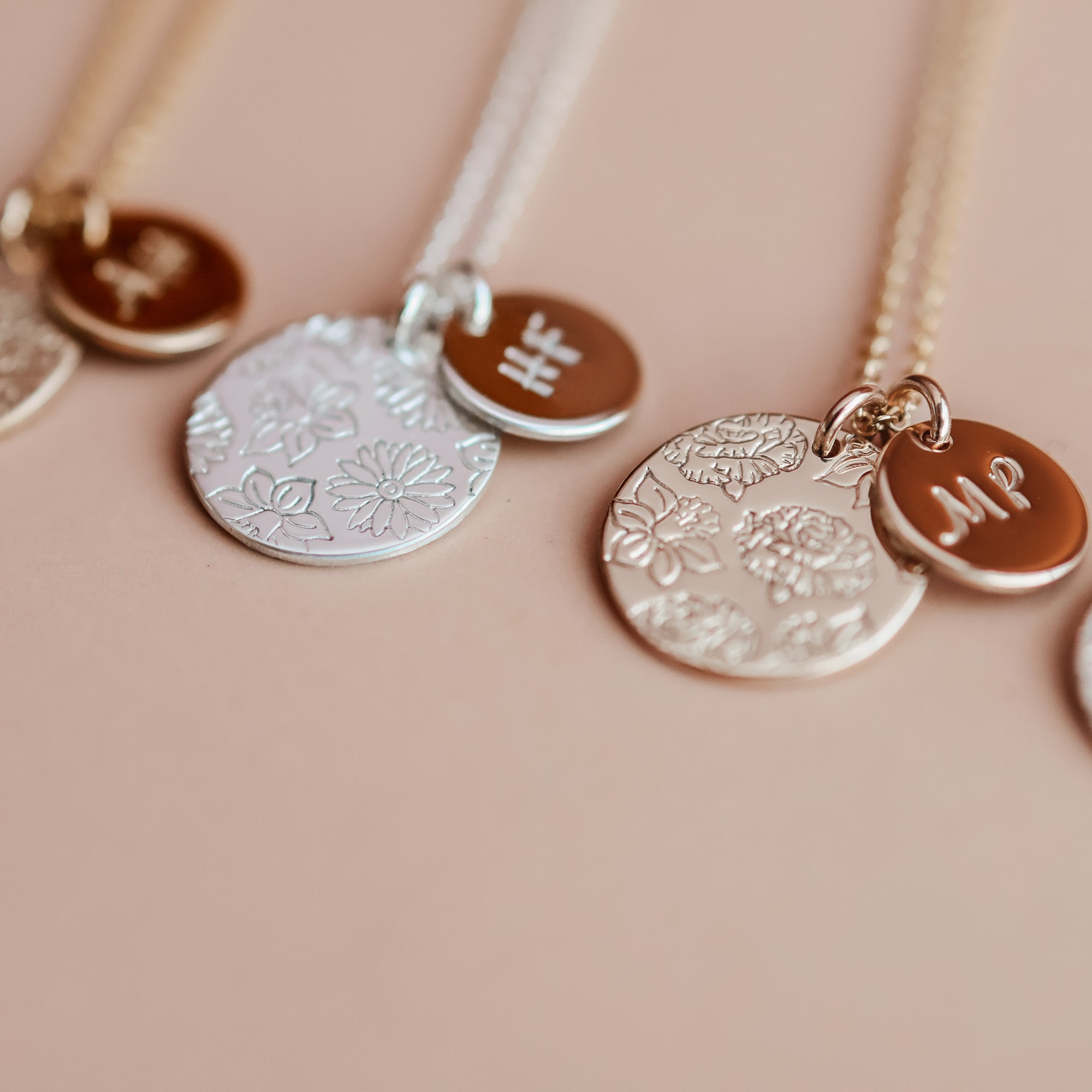 Personalised jewellery - KBN Jewellery - handmade jewellery – Personalised Jewellery gifts – Dainty jewellery- Dainty necklace – flower stamped necklace – family flowers – kids birth flowers – birth flower necklace – personalised flower stamped necklace – initial necklace