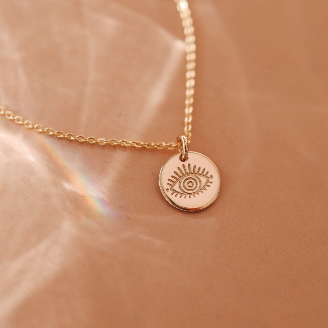 Gold Filled Evil Eye Necklace with hand stamped round pendant on a fine chain. Brisbane personalised jewellery