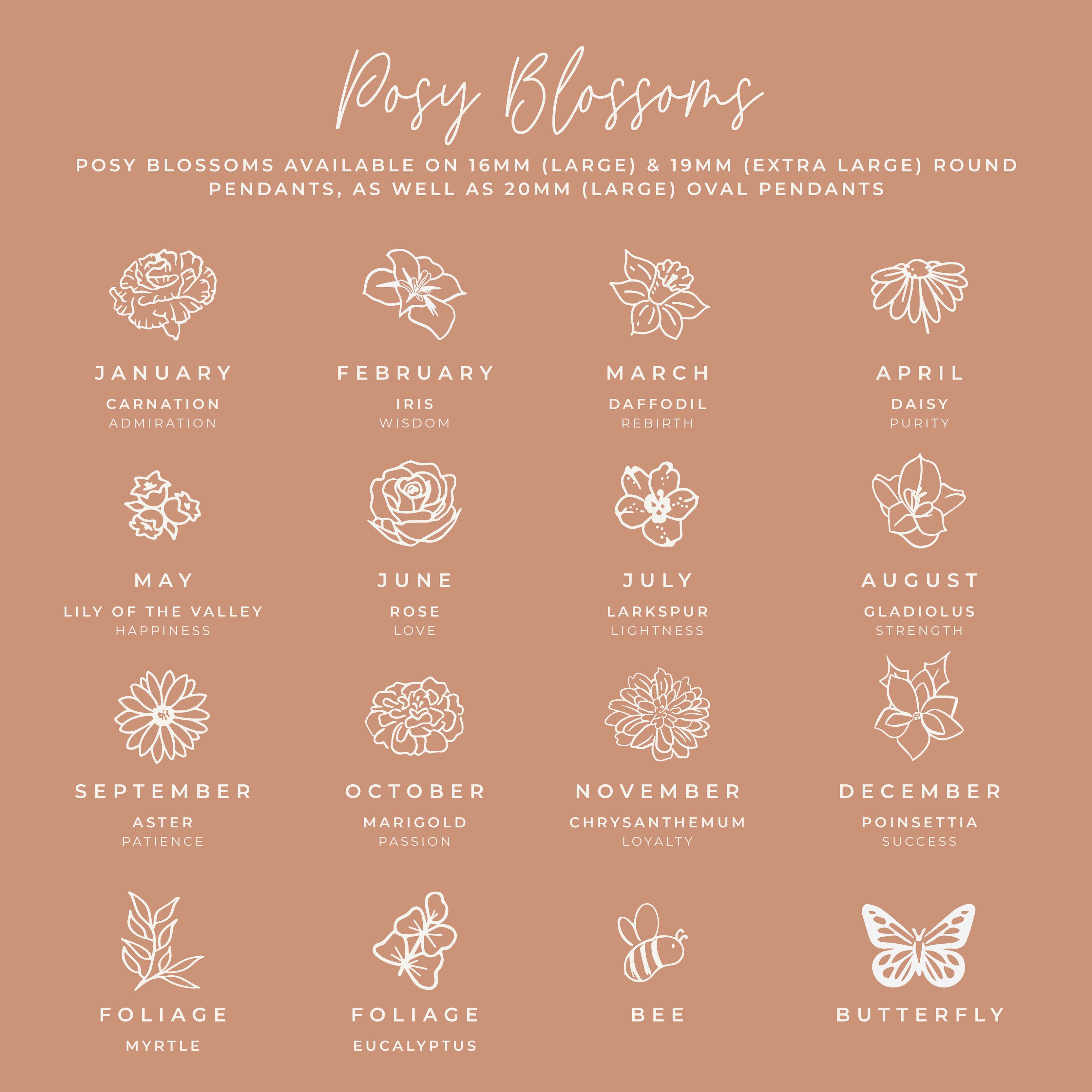 Personalised jewellery - KBN Jewellery - handmade jewellery – small symbols – birth flower necklace – January birth flower – February birth flower – March birth flower – April birth flower – May birth flower – June birth flower – July birth flower – August birth flower – September birth flower – October birth flower – November birth flower – December birth flower