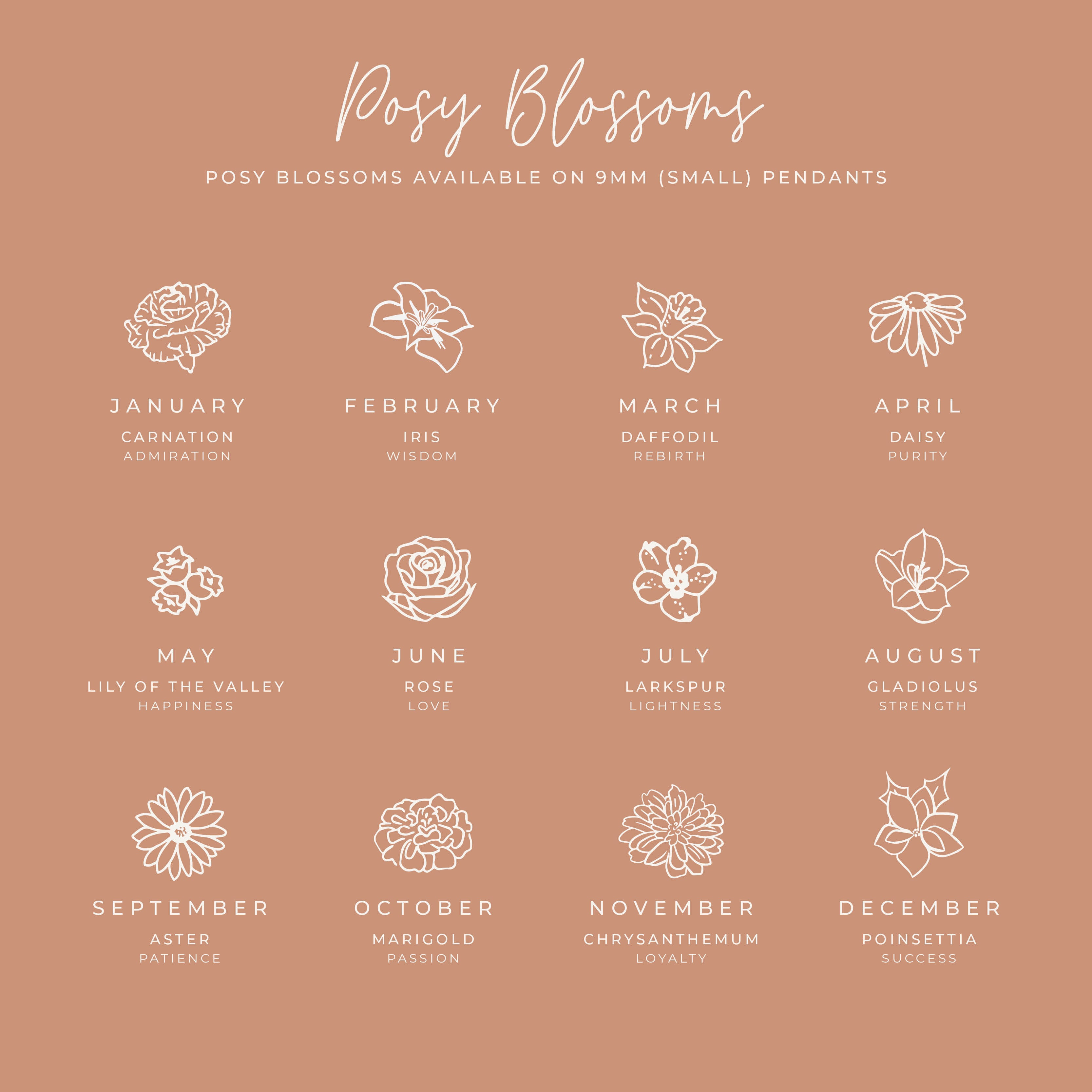 Personalised jewellery - KBN Jewellery - handmade jewellery – small symbols – birth flower necklace – January birth flower – February birth flower – March birth flower – April birth flower – May birth flower – June birth flower – July birth flower – August birth flower – September birth flower – October birth flower – November birth flower – December birth flower