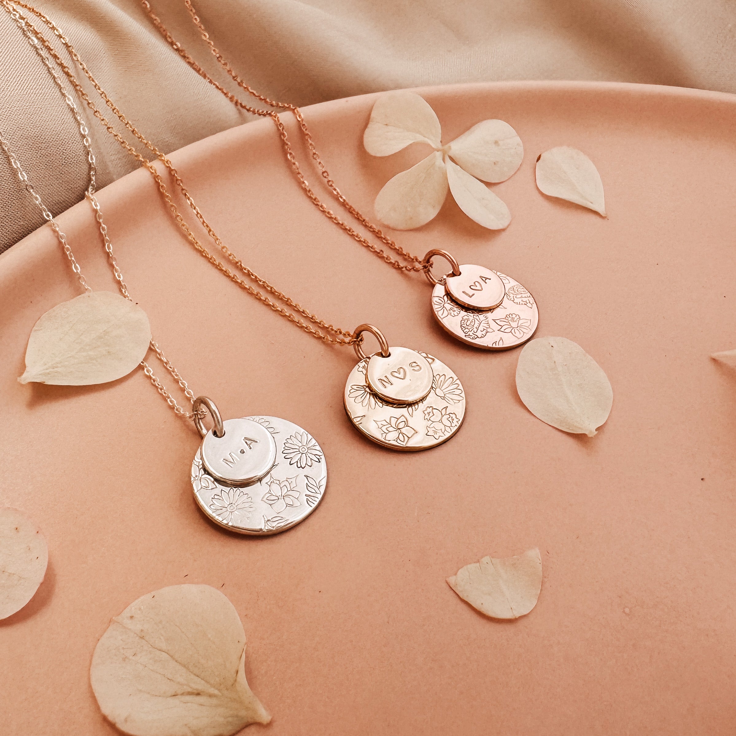 Personalised jewellery - KBN Jewellery - handmade jewellery – Personalised Jewellery gifts – Dainty jewellery- Dainty necklace – flower stamp necklace – birth month flower jewellery – flower necklace – stacked necklace – initial necklace 