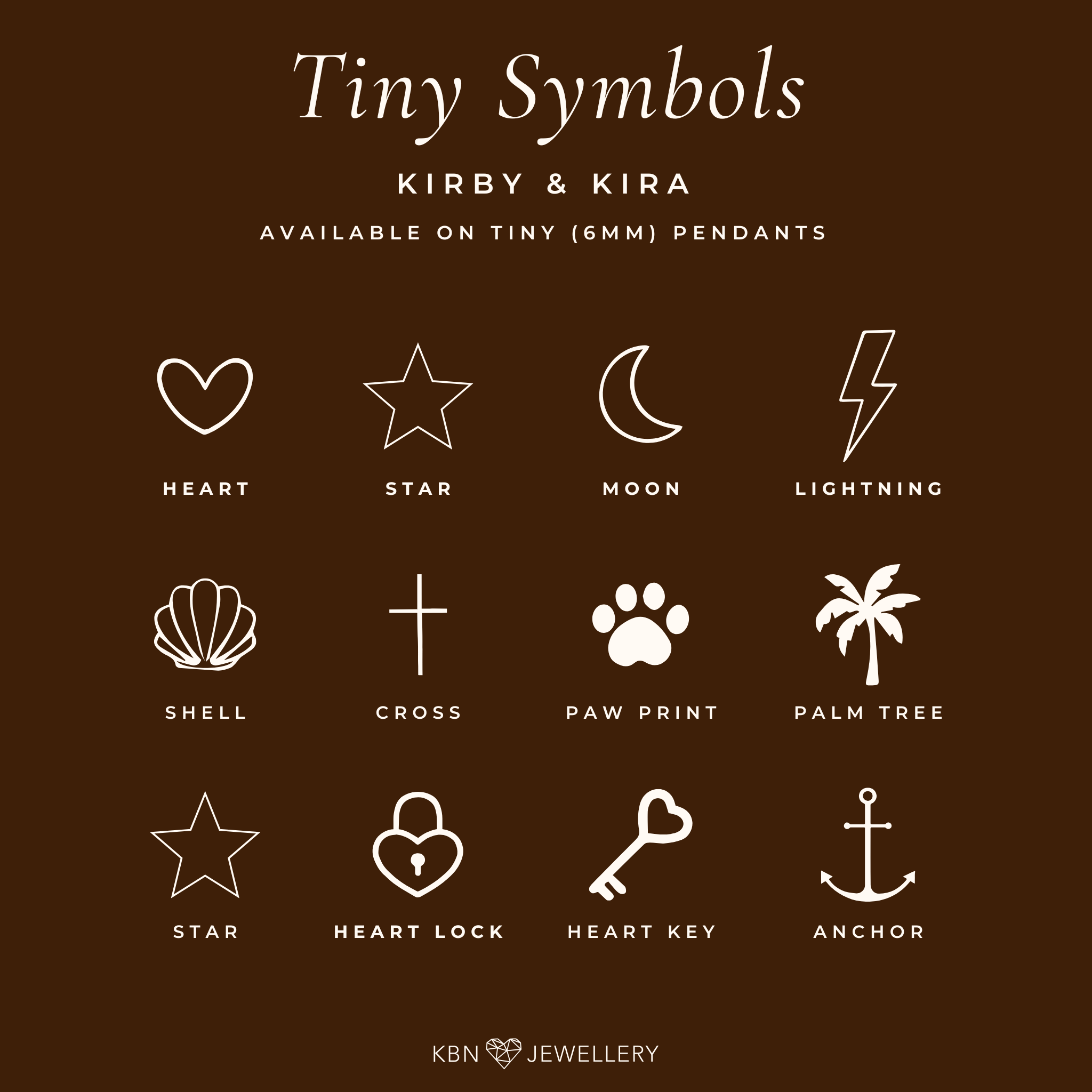 heart, star, moon, lightning, shell, cross, paw print, palm tree, star, heart lock, heart key, anchor