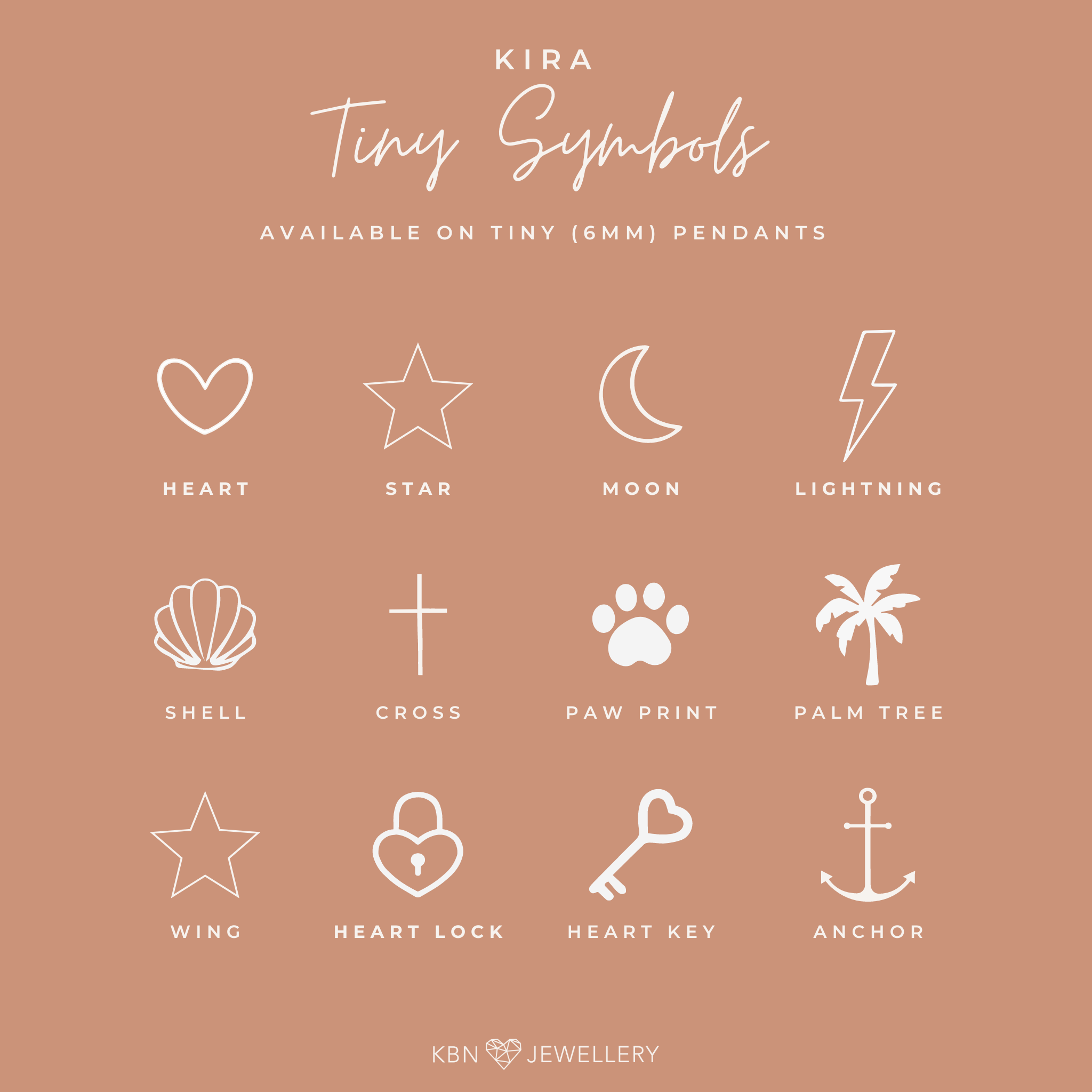 Personalised jewellery - KBN Jewellery -  handmade jewellery – tiny symbols – flower necklace – wing necklace – heart necklace – sun necklace – rainbow necklace – star necklace – paw print necklace – dog necklace – butterfly necklace – wave necklace – shell necklace 