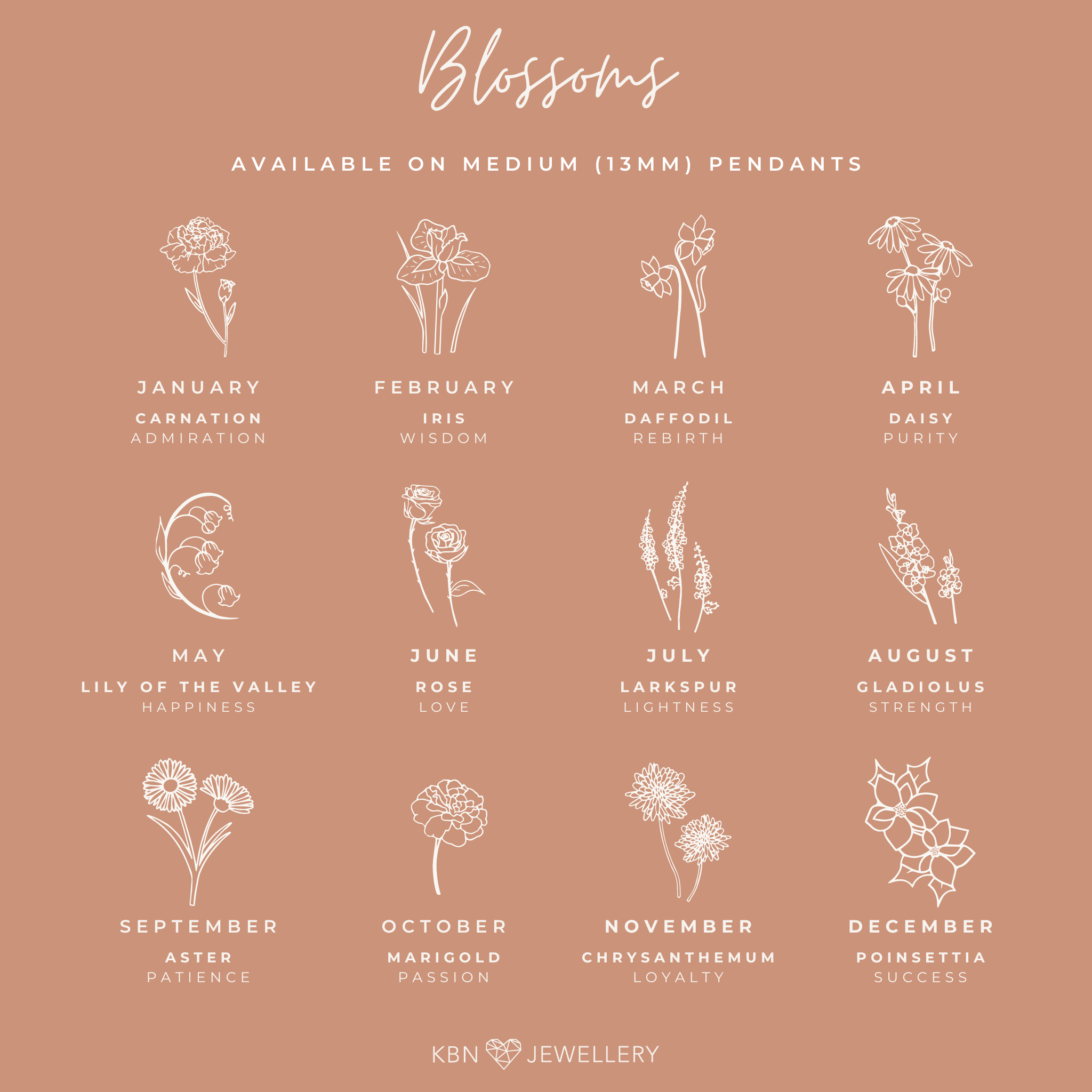 Personalised jewellery - KBN Jewellery - handmade jewellery – small symbols – birth flower necklace – January birth flower – February birth flower – March birth flower – April birth flower – May birth flower – June birth flower – July birth flower – August birth flower – September birth flower – October birth flower – November birth flower – December birth flower