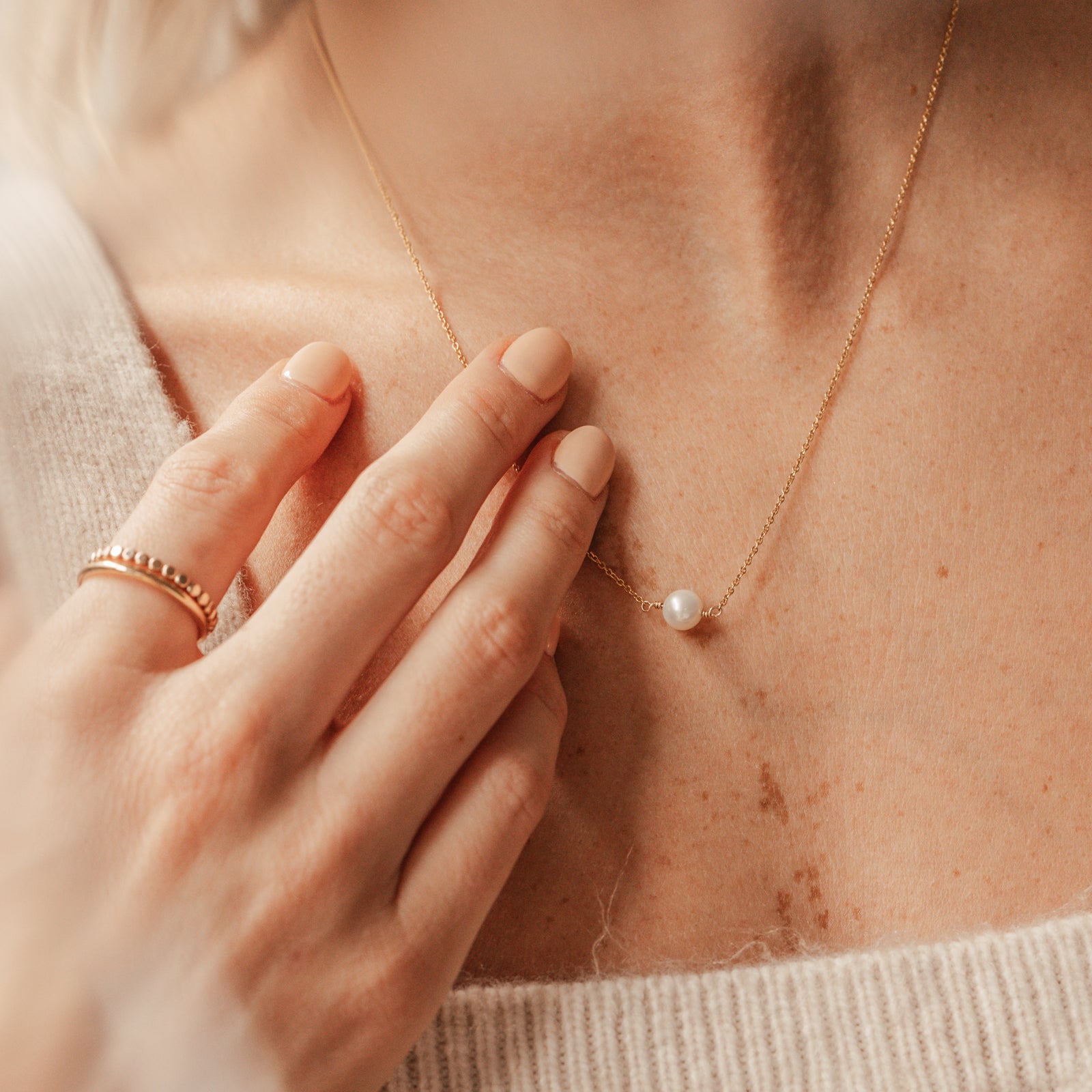 thin necklace pearl peach ivory delicate chain dainty goldfill sterling silver