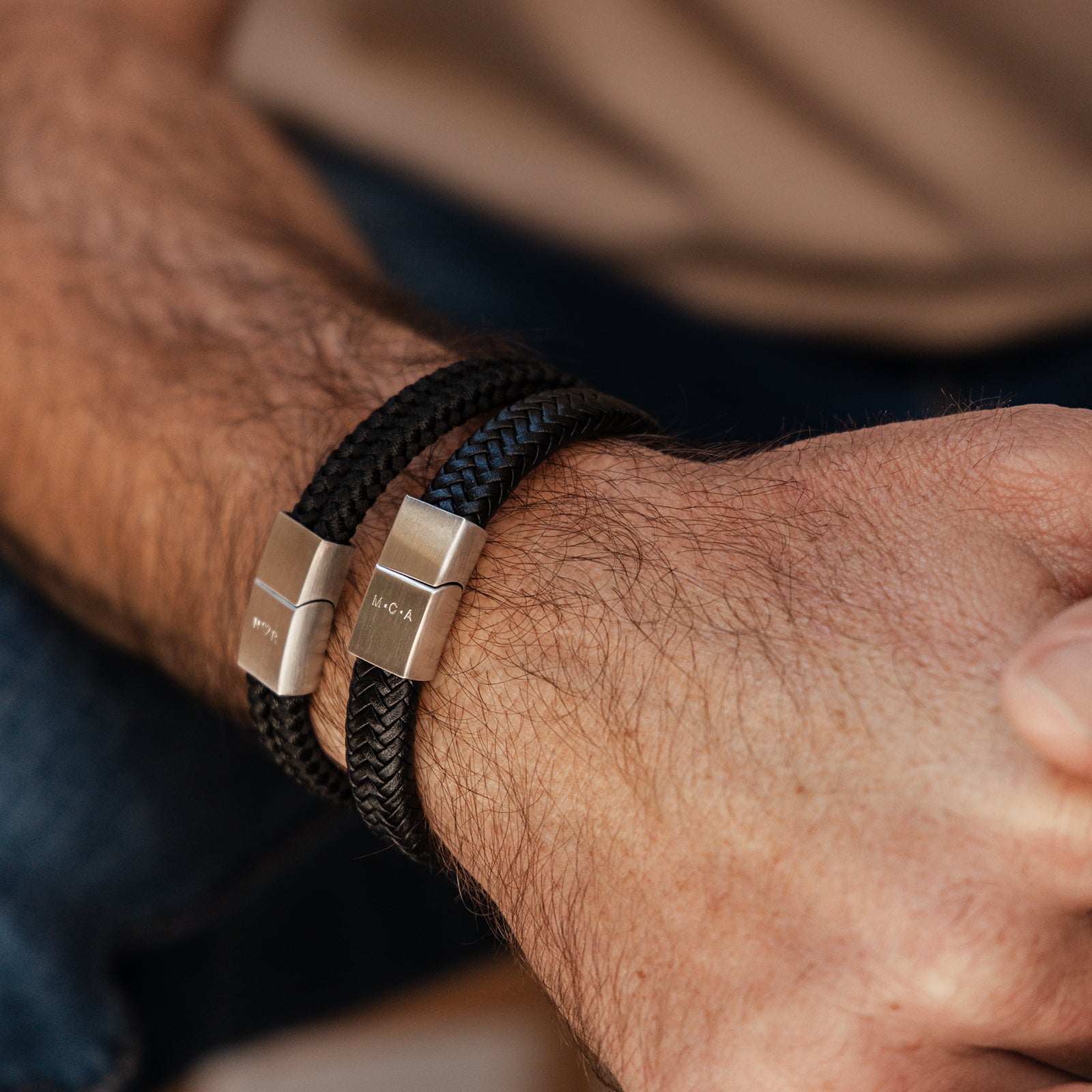 mens bracelet leather braided matching son dad tiny initials symbols stainless steel clasp oak black