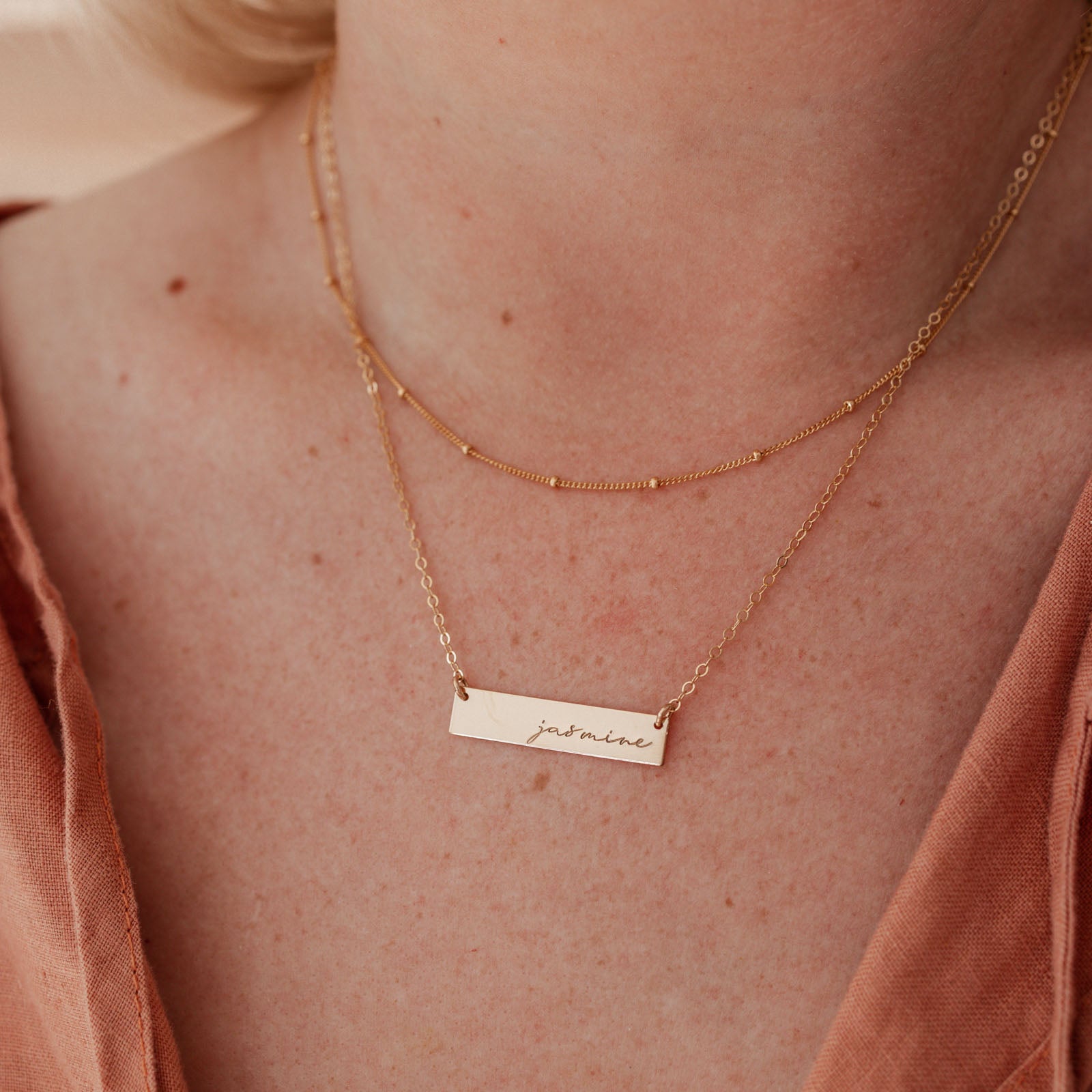 Personalised jewellery - KBN Jewellery - handmade jewellery – Personalised Jewellery gifts – Dainty jewellery- bar necklace – dainty bar necklace – personalised date necklace – roman numerals necklace – name bar necklace – words of affirmation necklace – short bar necklace – layering necklace – layering necklace inspiration – wedding gift idea – wedding gift idea for bride  - long pendant necklace – small bar necklace 