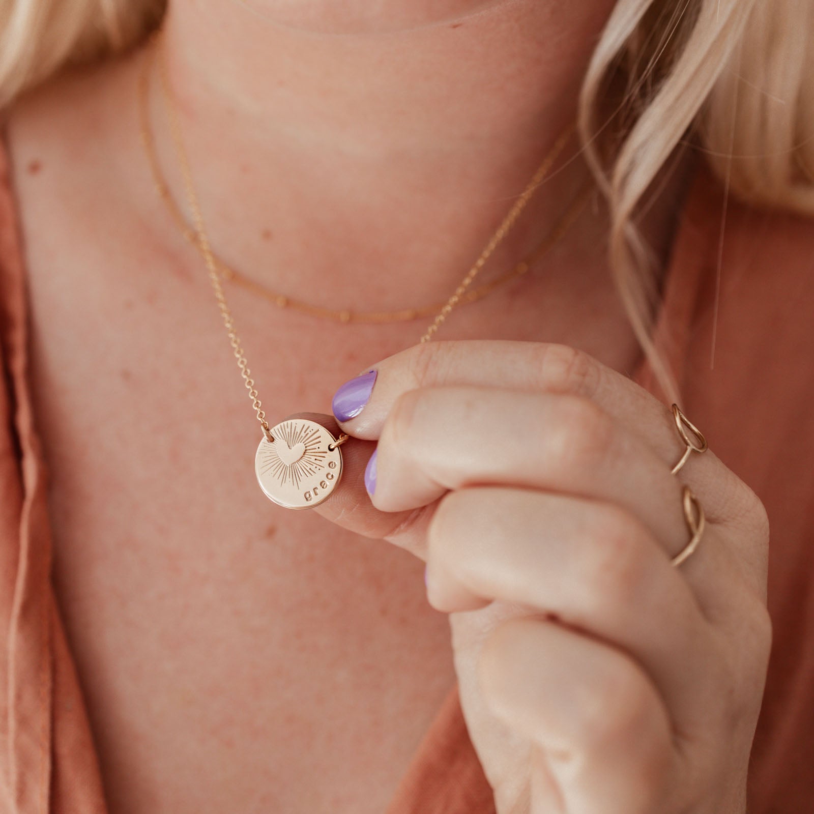 love heart sunshine stamp necklace curved text initials name goldfill sterling silver rose goldfill large fixed pendant