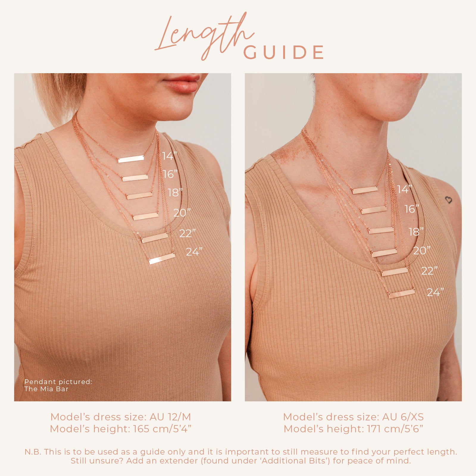 Personalised jewellery – handmade jewellery – KBN jewellery – size guide for necklace – different lengths – length guide for necklace 