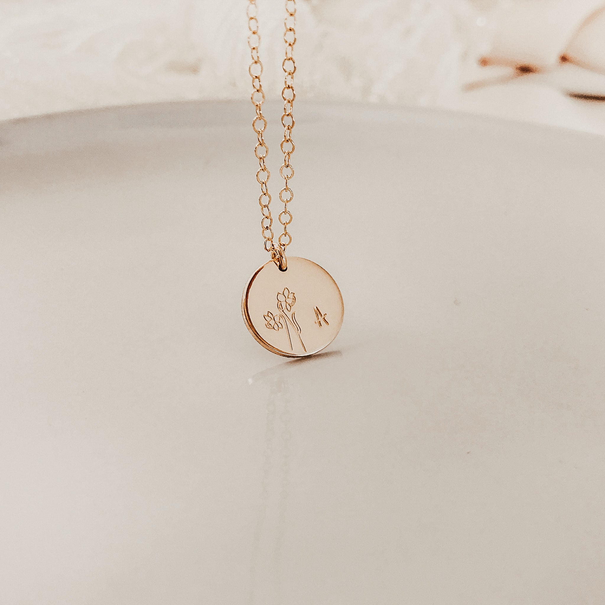 Personalised jewellery - KBN Jewellery - handmade jewellery – custom jewellery gifts – dainty necklace – medium pendant necklace – Daffodil Birth flower necklace – birthday necklace – March  birthday gift – dainty jewellery – birth flower and initial necklace – everyday jewellery – Daffodil flower necklace – Daffodil necklace – Rebirth flower necklace 