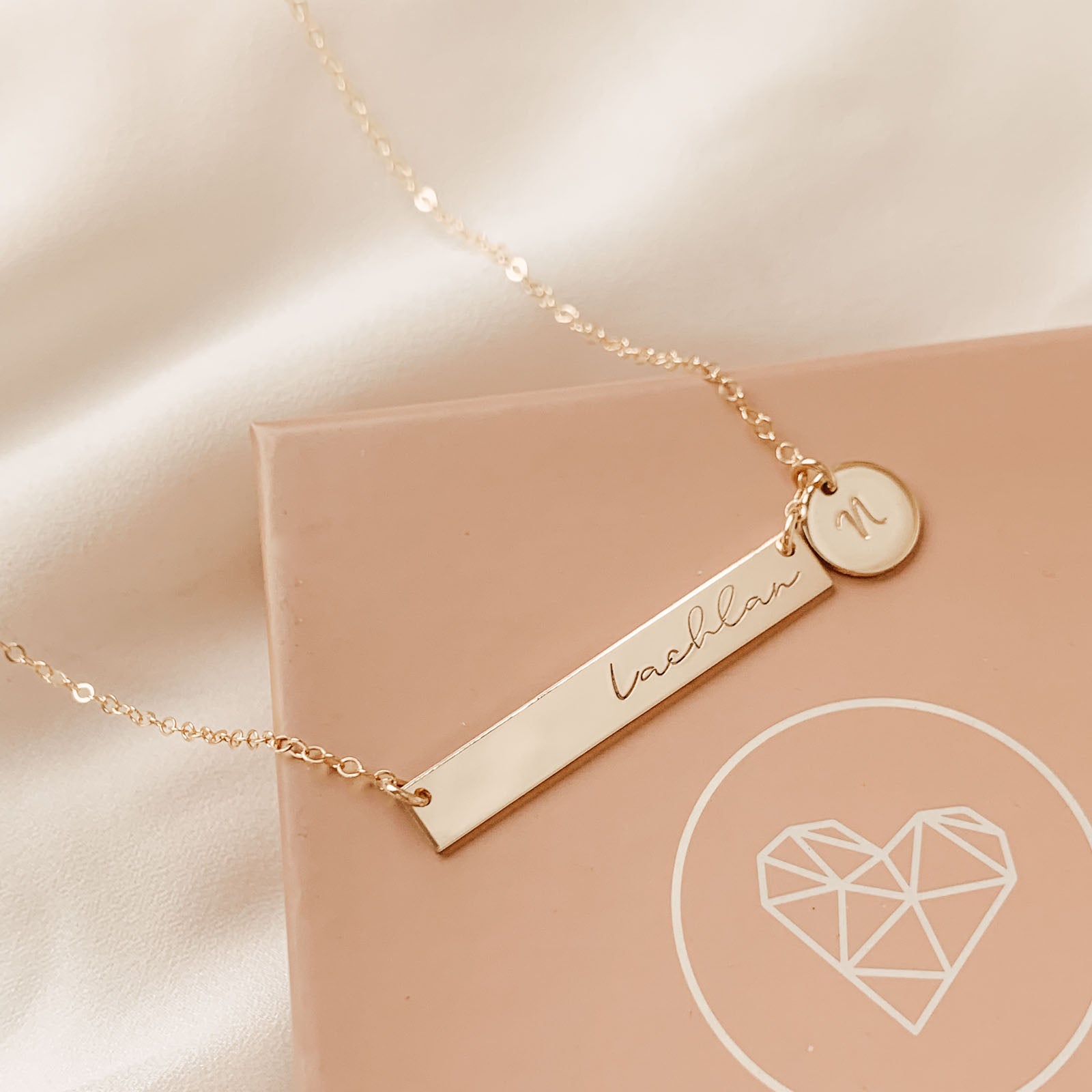 Personalised jewellery - KBN Jewellery - handmade jewellery – Personalised Jewellery gifts – Dainty jewellery- bar necklace – dainty bar necklace – personalised date necklace – roman numerals necklace – name bar necklace – words of affirmation necklace – long bar necklace – layering necklace – layering necklace inspiration – wedding gift idea – wedding gift idea for bride  - long pendant necklace with additional small pendant – unique necklace – personalised bar necklace 