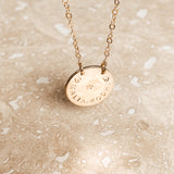 large pendant curved text tiny neat font tiny symbol initial goldfill sterling silver rose goldfill dainty delicate meaningfull dates children names roman numerals fixed pendant