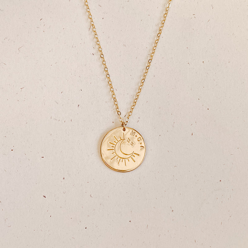 sun moon and stars stamp necklace initials goldfill sterling silver rose goldfill extra large pendant meaningful children love special