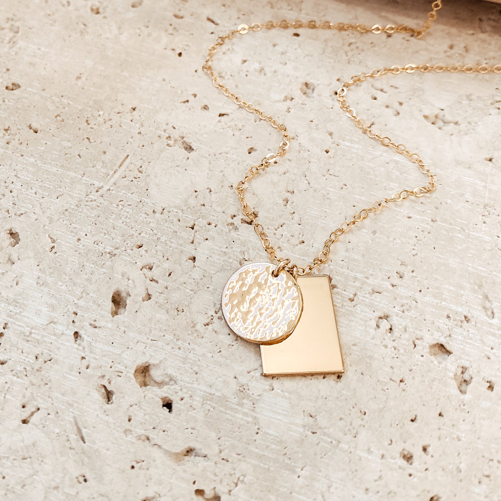 Personalised jewellery – handmade jewellery – KBN jewellery – Australian made jewellery – initial necklace – rectangle and circle pendant – two pendant necklace – initial necklace – children’s name necklace – personalised words necklace – unique necklace 