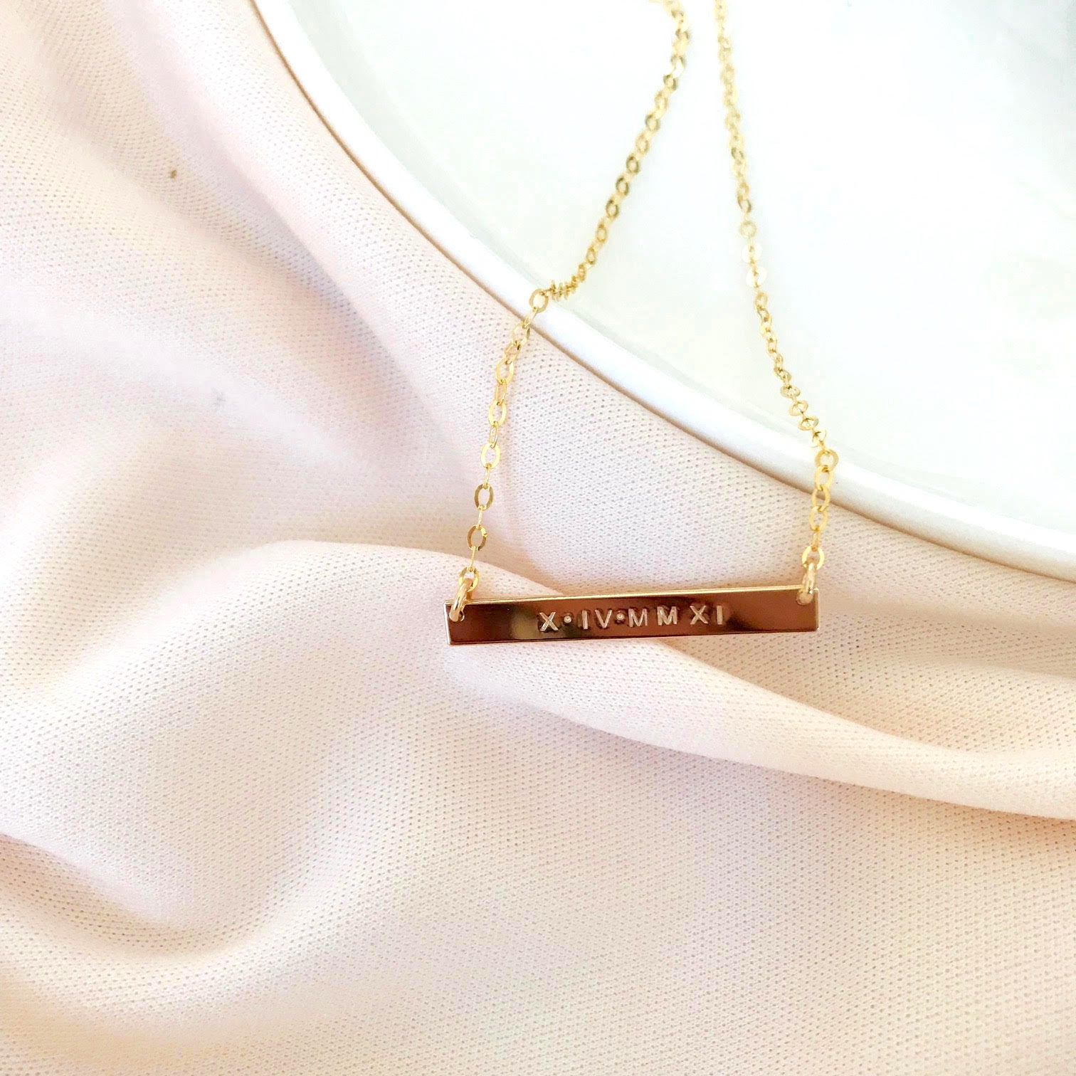 Personalised jewellery - KBN Jewellery - handmade jewellery – Personalised Jewellery gifts – Dainty jewellery- bar necklace – dainty bar necklace – personalised date necklace – roman numerals necklace – name bar necklace – words of affirmation necklace 