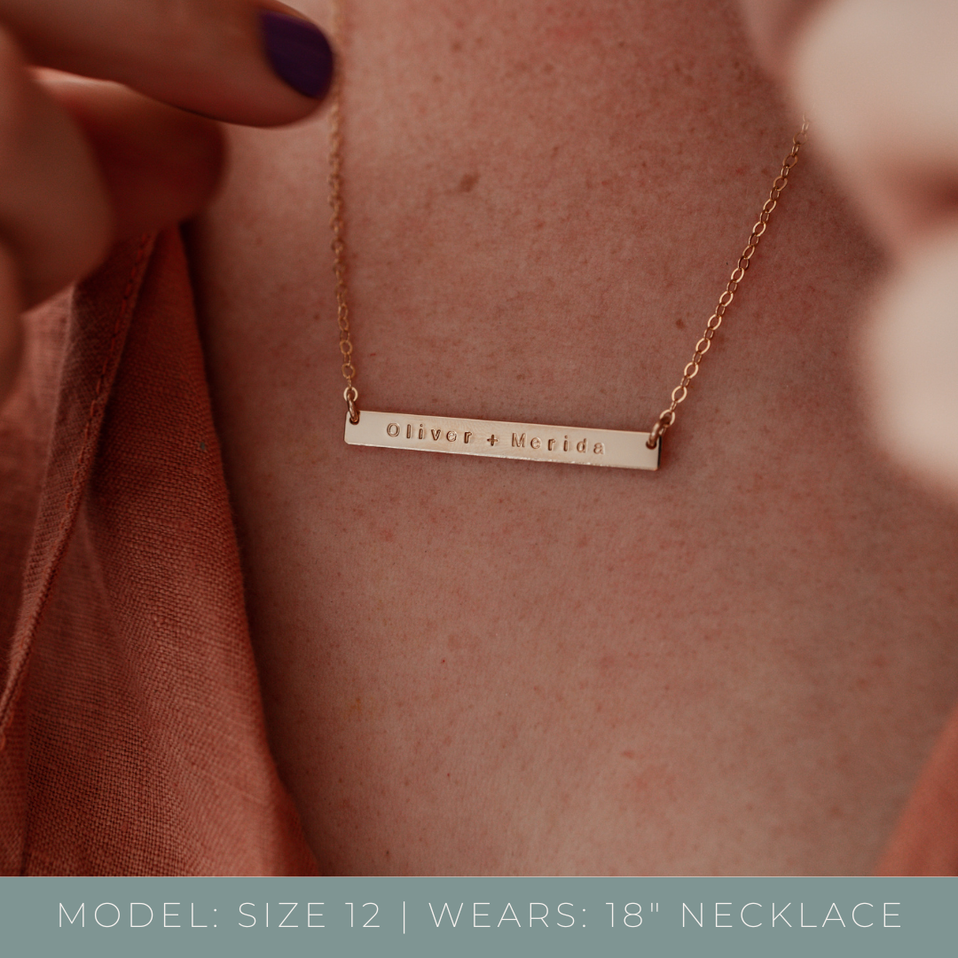 Personalised jewellery - KBN Jewellery - handmade jewellery – Personalised Jewellery gifts – Dainty jewellery- bar necklace – dainty bar necklace – personalised date necklace – roman numerals necklace – name bar necklace – words of affirmation necklace – long bar necklace – layering necklace – layering necklace inspiration – wedding gift idea – wedding gift idea for bride  - long pendant necklace – small bar necklace 