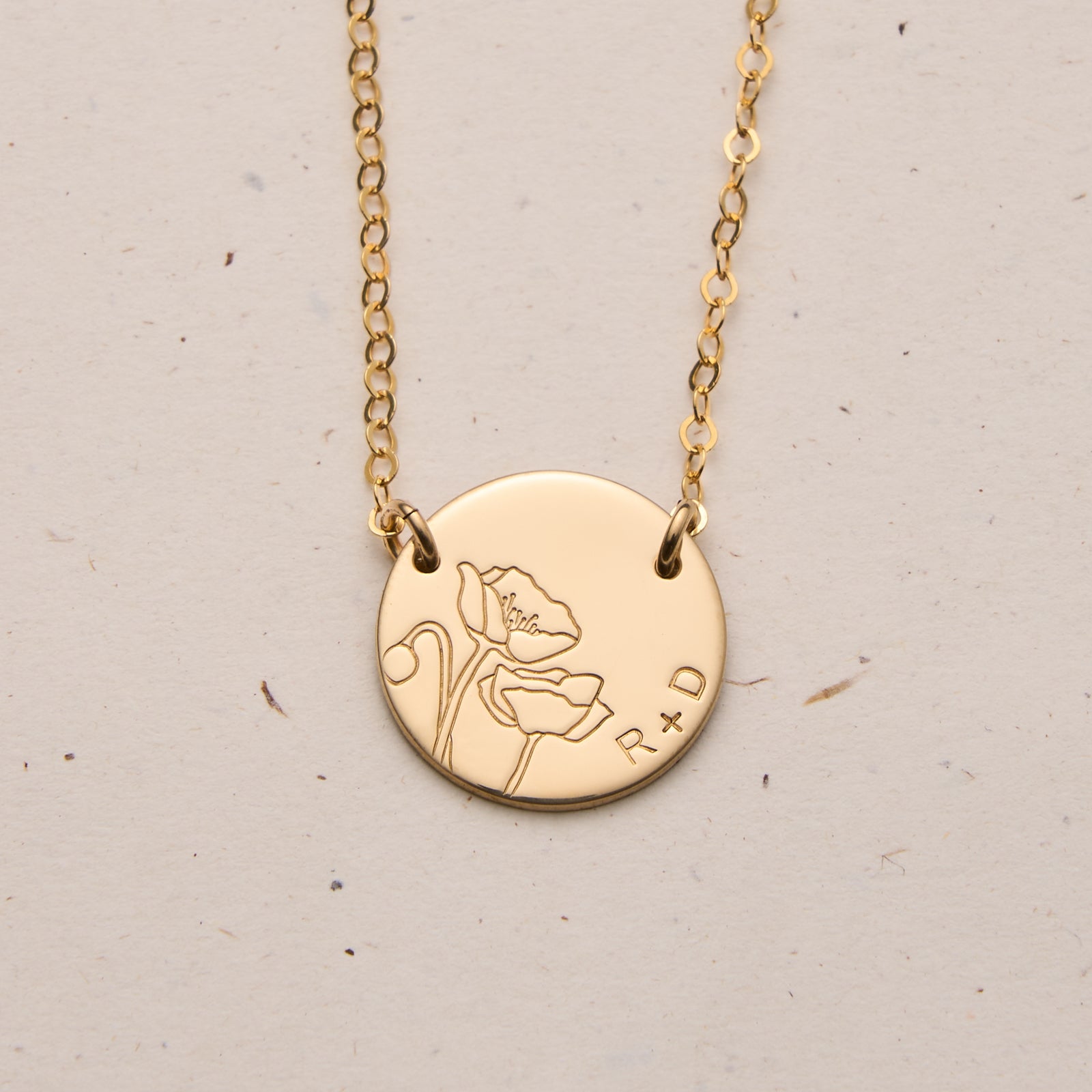 fiori poppy necklace flower stamp curved text  initials name goldfill sterling silver rose goldfill large fixed pendant