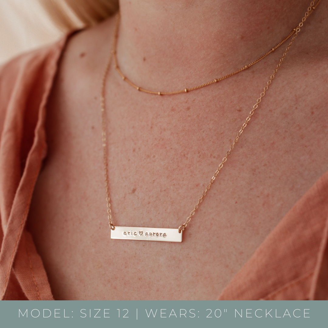 Personalised jewellery - KBN Jewellery - handmade jewellery – Personalised Jewellery gifts – Dainty jewellery- bar necklace – dainty bar necklace – personalised date necklace – roman numerals necklace – name bar necklace – words of affirmation necklace – long bar necklace – layering necklace – layering necklace inspiration – wedding gift idea – wedding gift idea for bride  