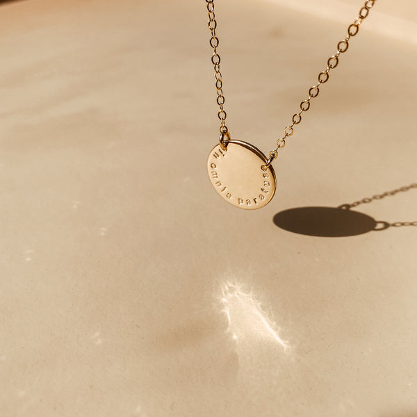 large pendant curved centred text tiny neat sweet script font goldfill sterling silver rose goldfill dainty delicate meaningfull dates children names roman numerals fixed chain