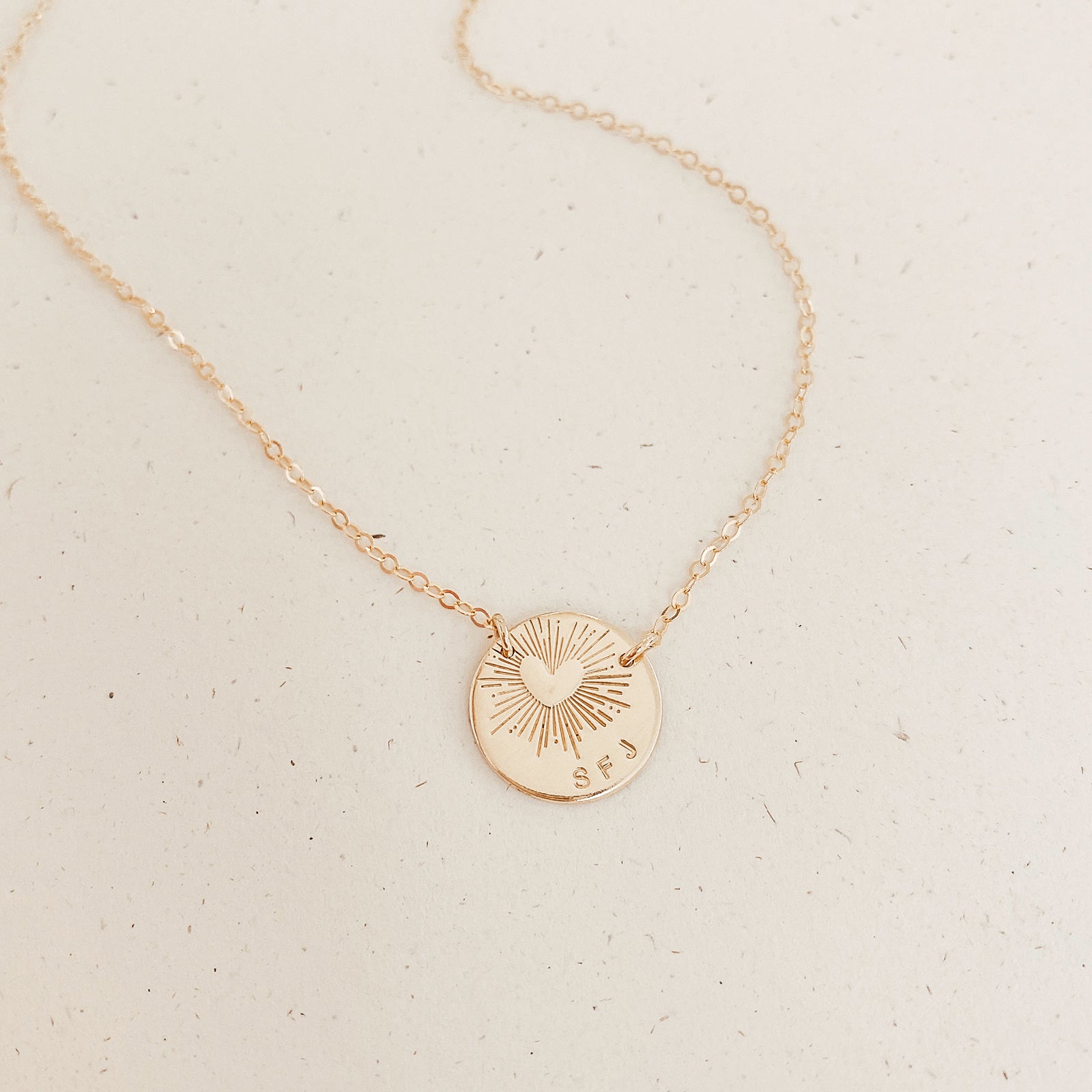 love heart sunshine stamp necklace curved text initials name goldfill sterling silver rose goldfill large fixed pendant